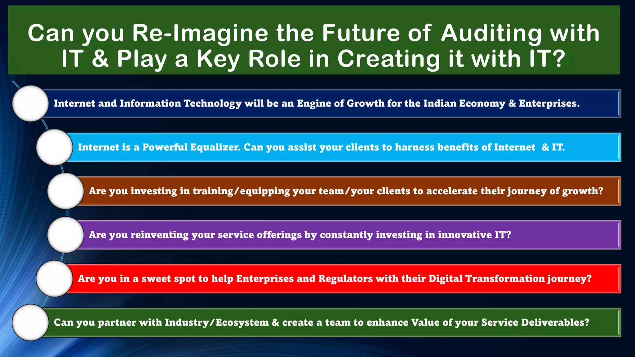 Can you Re-Imagine the Future of Auditing with
IT & Play a Key Role in Creating it with IT?
Internet and Information Technology will be an Engine of Growth for the Indian Economy & Enterprises.
Internet is a Powerful Equalizer. Can you assist your clients to harness benefits of Internet & IT.
Are you investing in training/equipping your team/your clients to accelerate their journey of growth?
Are you reinventing your service offerings by constantly investing in innovative IT?
Are you in a sweet spot to help Enterprises and Regulators with their Digital Transformation journey?
Can you partner with Industry/Ecosystem & create a team to enhance Value of your Service Deliverables?
 