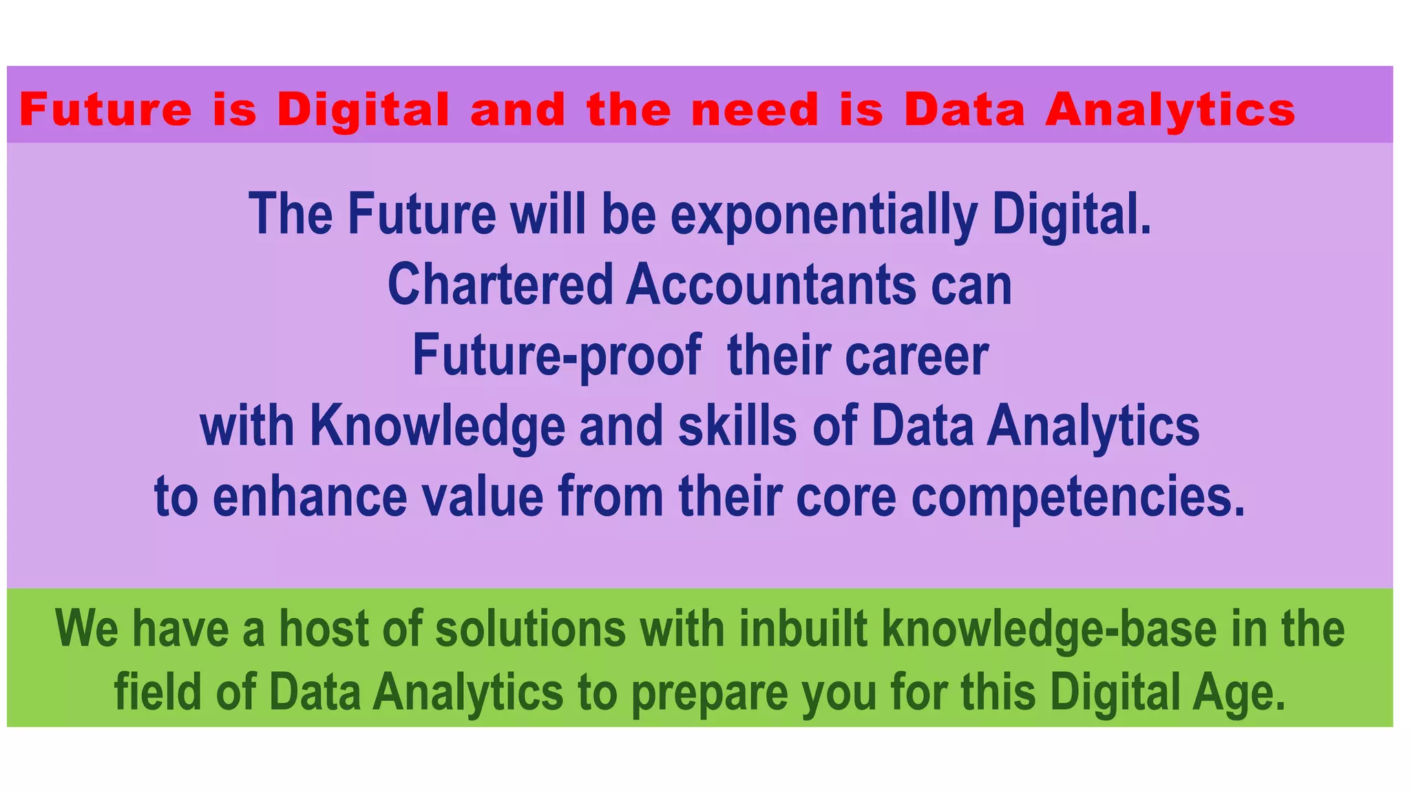 The Future will be exponentially Digital.
Chartered Accountants can
Future-proof their career
with Knowledge and skills of Data Analytics
to enhance value from their core competencies.
We have a host of solutions with inbuilt knowledge-base in the
field of Data Analytics to prepare you for this Digital Age.
Future is Digital and the need is Data Analytics
 