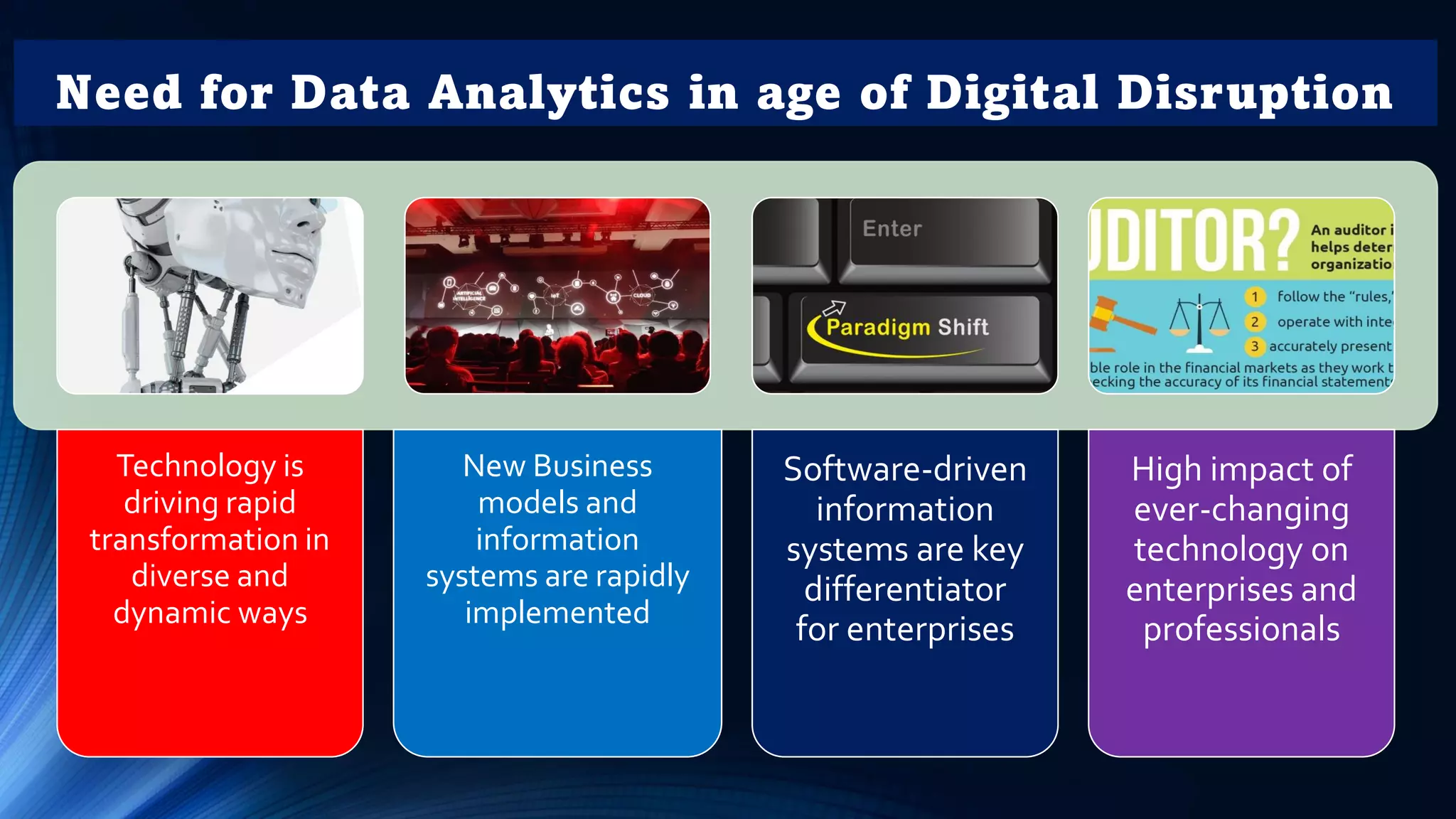 Need for Data Analytics in age of Digital Disruption
Technology is
driving rapid
transformation in
diverse and
dynamic ways
New Business
models and
information
systems are rapidly
implemented
Software-driven
information
systems are key
differentiator
for enterprises
High impact of
ever-changing
technology on
enterprises and
professionals
 