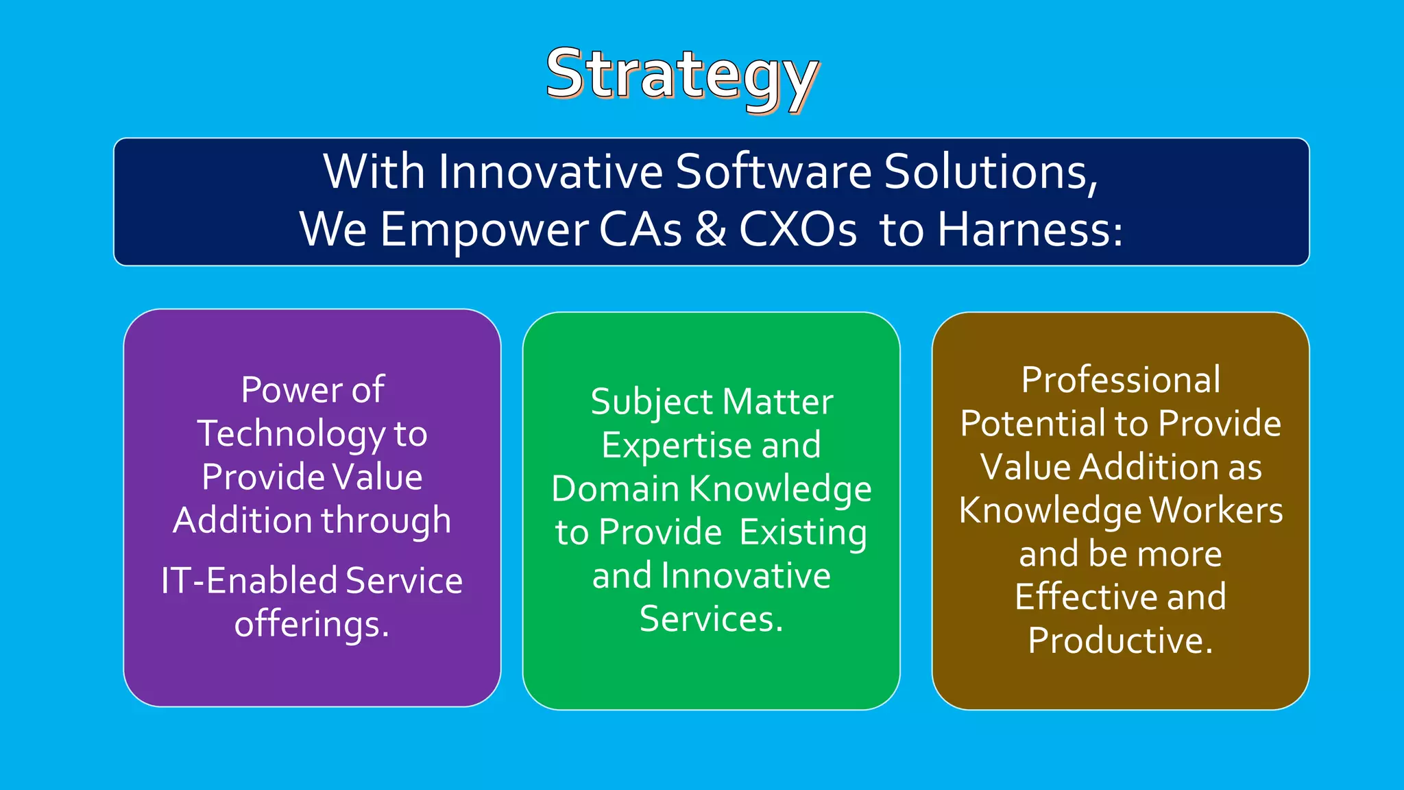 With Innovative Software Solutions,
We Empower CAs & CXOs to Harness:
Power of
Technology to
ProvideValue
Addition through
IT-EnabledService
offerings.
Subject Matter
Expertise and
Domain Knowledge
to Provide Existing
and Innovative
Services.
Professional
Potential to Provide
ValueAddition as
KnowledgeWorkers
and be more
Effective and
Productive.
 