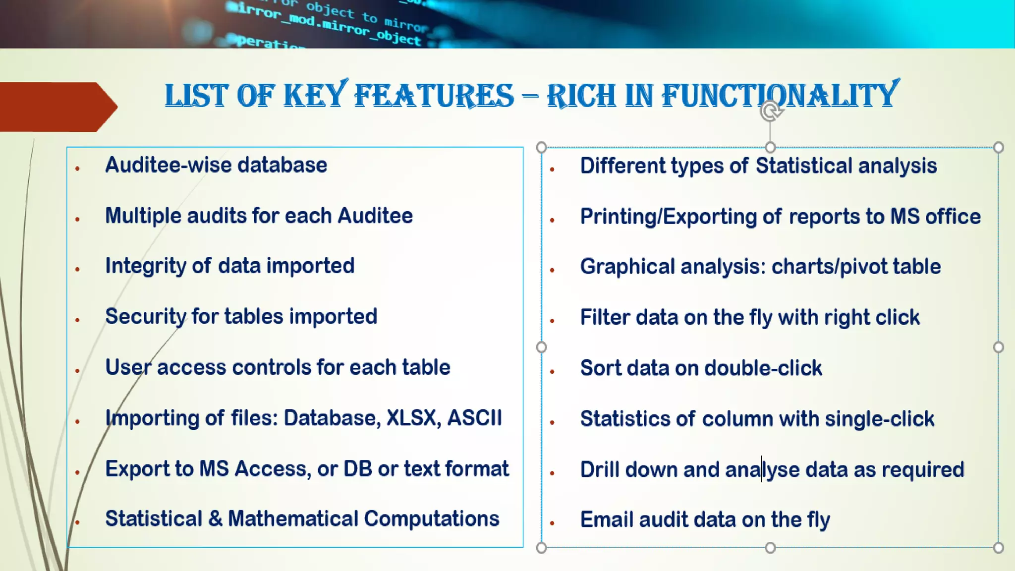 Key Features
 