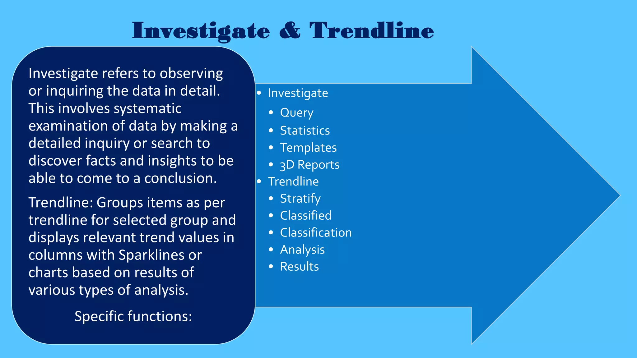 Investigate & Trendline
• Investigate
• Query
• Statistics
• Templates
• 3D Reports
• Trendline
• Stratify
• Classified
• Classification
• Analysis
• Results
Investigate refers to observing
or inquiring the data in detail.
This involves systematic
examination of data by making a
detailed inquiry or search to
discover facts and insights to be
able to come to a conclusion.
Trendline: Groups items as per
trendline for selected group and
displays relevant trend values in
columns with Sparklines or
charts based on results of
various types of analysis.
Specific functions:
 