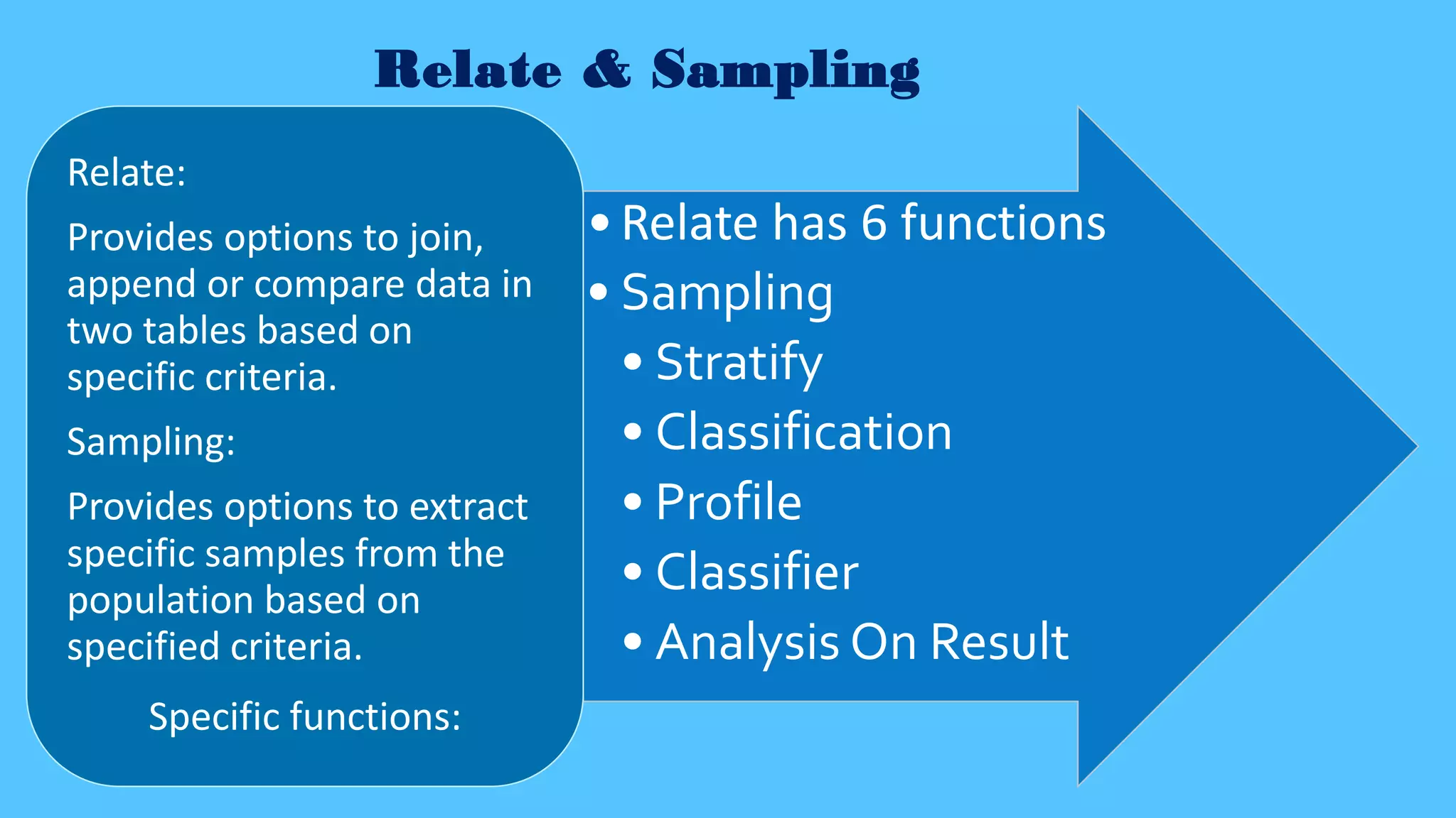 Relate & Sampling
•Relate has 6 functions
• Sampling
• Stratify
• Classification
• Profile
• Classifier
• Analysis On Result
Relate:
Provides options to join,
append or compare data in
two tables based on
specific criteria.
Sampling:
Provides options to extract
specific samples from the
population based on
specified criteria.
Specific functions:
 