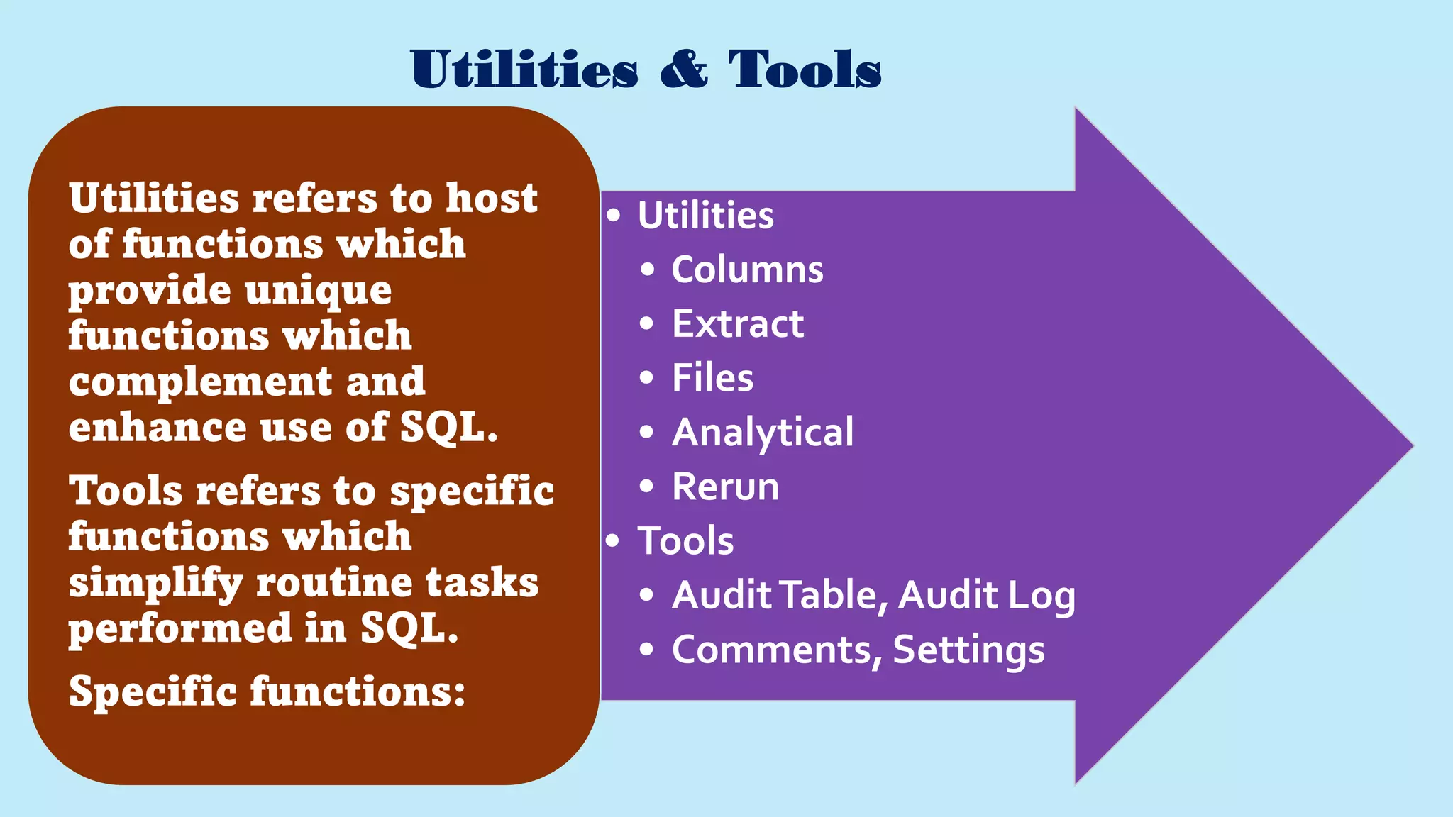 Utilities & Tools
• Utilities
• Columns
• Extract
• Files
• Analytical
• Rerun
• Tools
• AuditTable, Audit Log
• Comments, Settings
Utilities refers to host
of functions which
provide unique
functions which
complement and
enhance use of SQL.
Tools refers to specific
functions which
simplify routine tasks
performed in SQL.
Specific functions:
 