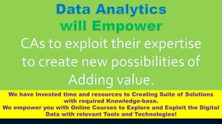 We have Invested time and resources to Creating Suite of Solutions
with required Knowledge-base.
We empower you with Online Courses to Explore and Exploit the Digital
Data with relevant Tools and Technologies!
 