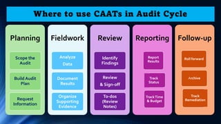 Planning
Scope the
Audit
Build Audit
Plan
Request
Information
Fieldwork
Analyze
Data
Document
Results
Organize
Supporting
Evidence
Review
Identify
Findings
Review
& Sign-off
To-dos
(Review
Notes)
Reporting Follow-up
Report
Results
Track
Status
TrackTime
& Budget
Roll forward
Archive
Track
Remediation
Where to use CAATs in Audit Cycle
 