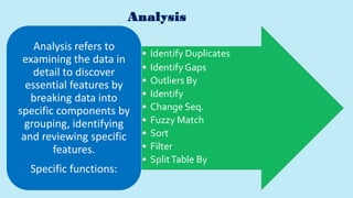 Analysis
• Identify Duplicates
• IdentifyGaps
• Outliers By
• Identify
• Change Seq.
• Fuzzy Match
• Sort
• Filter
• SplitTable By
Analysis refers to
examining the data in
detail to discover
essential features by
breaking data into
specific components by
grouping, identifying
and reviewing specific
features.
Specific functions:
 