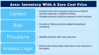 Area: Inventory With A Zero Cost Price
• Inventory with a zero cost price could be as a result of
incorrect capturing or obsolete inventory.
• Obsolete inventory should be removed or errors corrected.
Context
• Incorrect or fictitious inventory related transactional
processing.
Risk
• Identifies inventory with a zero cost price.
Procedure
• Extracts all inventory items which have a zero cost price in
the system.
Analytic Logic
 