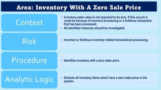 Area: Inventory With A Zero Sale Price
• Inventory sales value is not expected to be zero. If this occurs it
could be because of incorrect processing or a fictitious transaction
that has been processed.
• All identified instances should be investigated.
Context
• Incorrect or fictitious inventory related transactional processing.
Risk
• Identifies inventory with a zero sales price.
Procedure
• Extracts all inventory items which have a zero sales price in the
system.
Analytic Logic
 