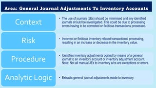 Area: General Journal Adjustments To Inventory Accounts
• The use of journals (JEs) should be minimised and any identified
journals should be investigated. This could be due to processing
errors having to be corrected or fictitious transactions processed.
Context
• Incorrect or fictitious inventory related transactional processing,
resulting in an increase or decrease in the inventory value.
Risk
• Identifies inventory adjustments posted by means of a general
journal to an inventory account or inventory adjustment account.
Note: Not all manual JEs to inventory a/cs are exceptions or errors.
Procedure
• Extracts general journal adjustments made to inventory.
Analytic Logic
 