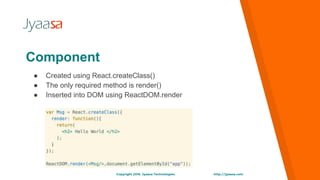 http://jyaasa.comCopyright 2016. Jyaasa Technologies.
Component
● Created using React.createClass()
● The only required method is render()
● Inserted into DOM using ReactDOM.render
 