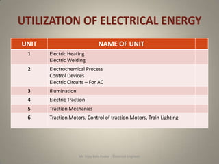 UTILIZATION OF ELECTRICAL ENERGY
UNIT                               NAME OF UNIT
 1     Electric Heating
       Electric Welding
 2     Electrochemical Process
       Control Devices
       Electric Circuits – For AC
 3     Illumination
 4     Electric Traction
 5     Traction Mechanics
 6     Traction Motors, Control of traction Motors, Train Lighting




                      Mr. Vijay Balu Raskar - Electrical Engineer
 