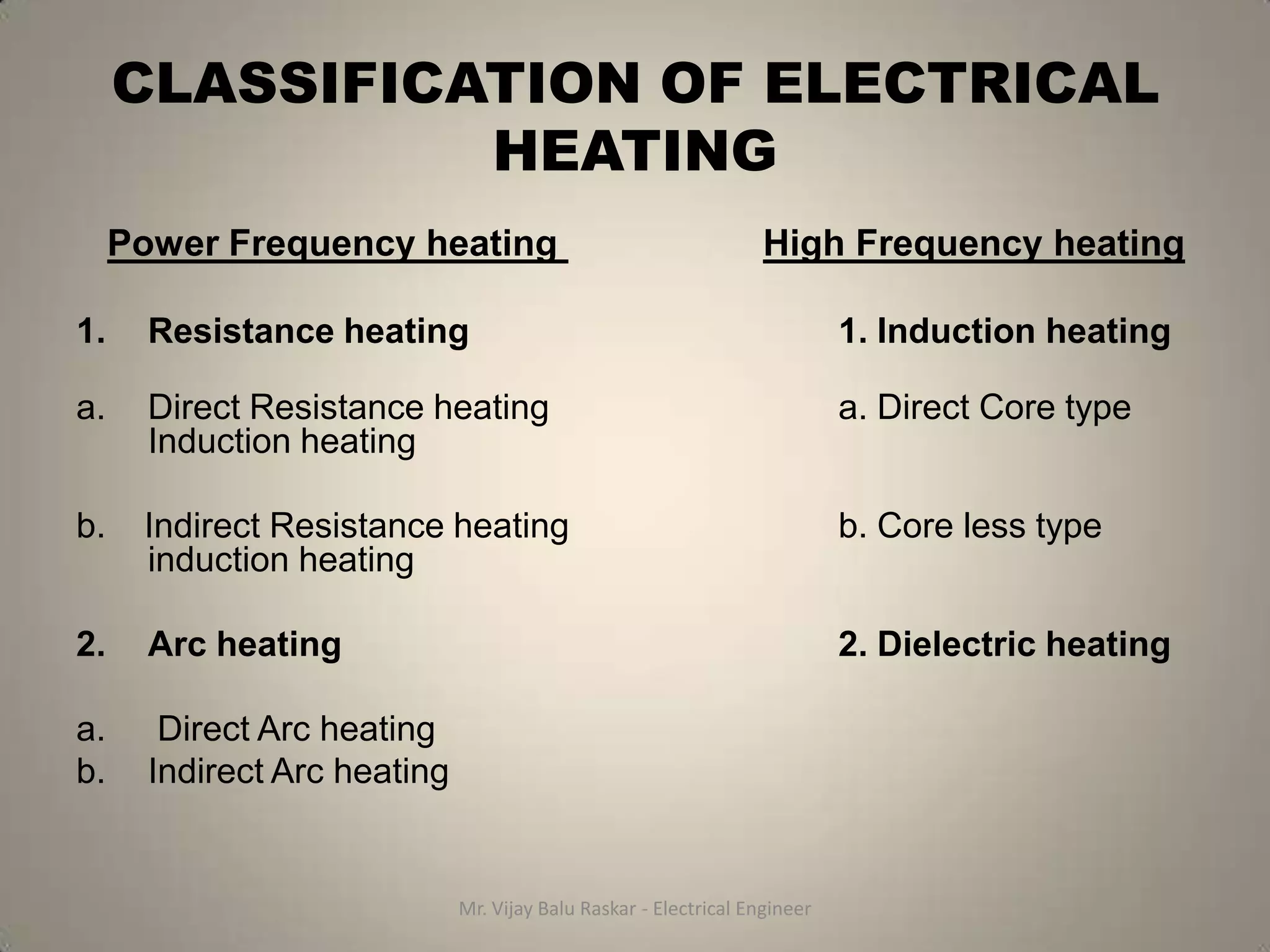 CLASSIFICATION OF ELECTRICAL
               HEATING
     Power Frequency heating                                       High Frequency heating

1.     Resistance heating                                                   1. Induction heating

a.     Direct Resistance heating                                            a. Direct Core type
       Induction heating

b.    Indirect Resistance heating                                           b. Core less type
      induction heating

2.     Arc heating                                                          2. Dielectric heating

a.      Direct Arc heating
b.     Indirect Arc heating


                              Mr. Vijay Balu Raskar - Electrical Engineer
 