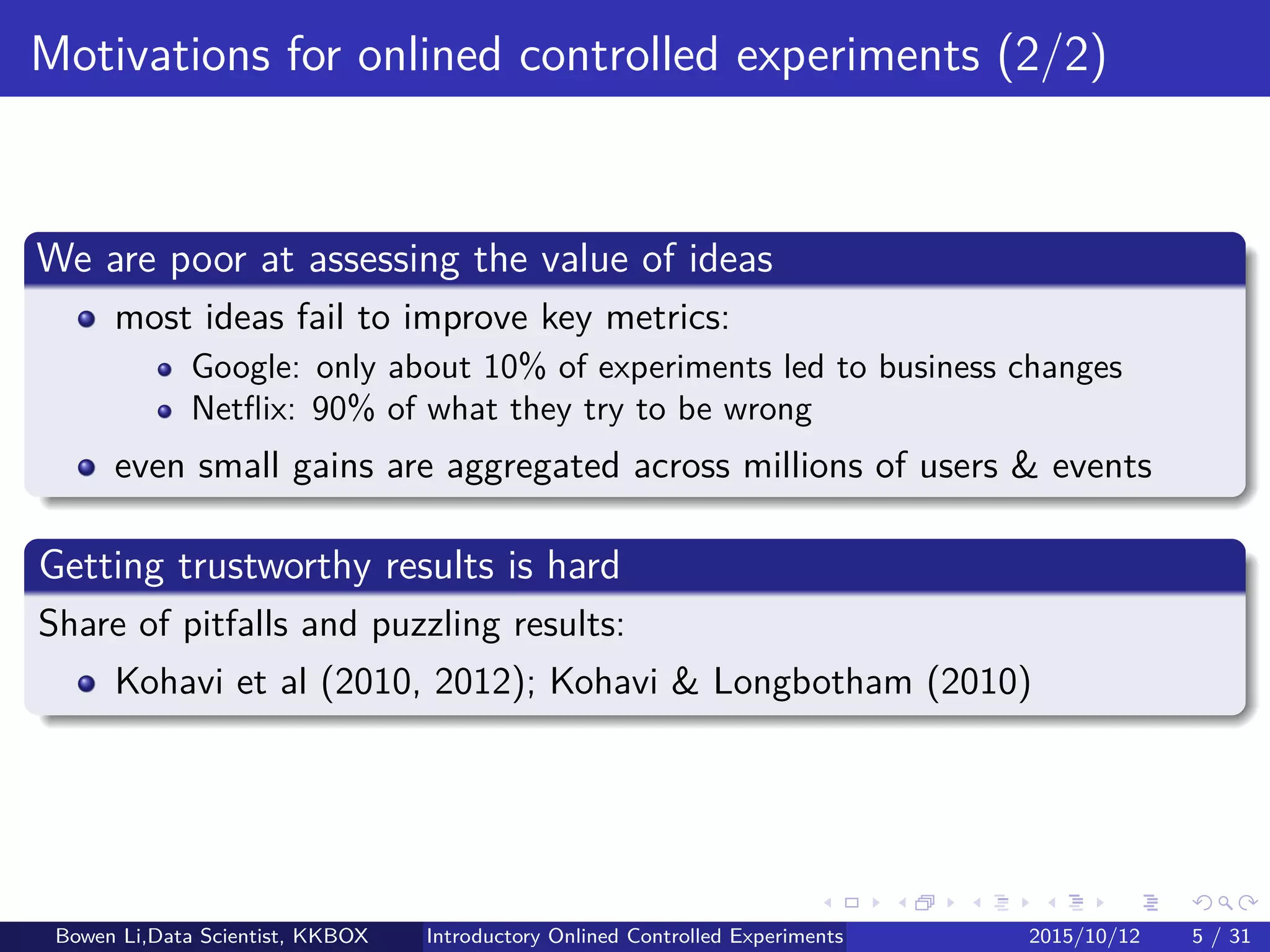 Why Online Experiment?
Intuition for assessing idea value is not reliable
Most ideas fail to improve key metrics:
Google: Only about 10% of experiments led to business changes
Netﬂix: 90% of what they try to be wrong
Even small gains are aggregated across millions of users & events
Bowen Li, Staﬀ Data Scientist @Vpon Introductory Online Controlled Experiments 2016/04/08 5 / 35
 