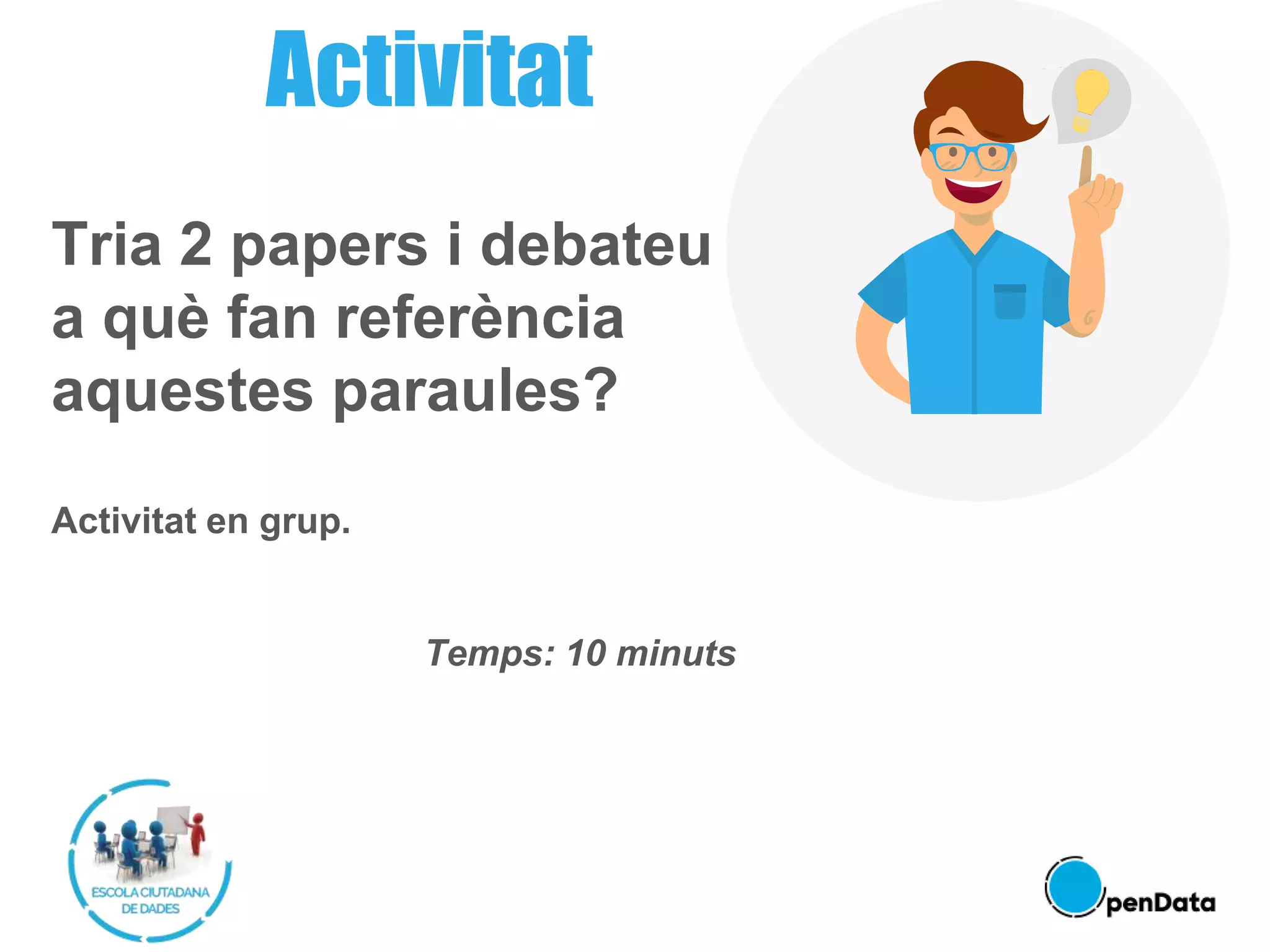 Tria 2 papers i debateu
a què fan referència
aquestes paraules?
Activitat en grup.
Temps: 10 minuts
Activitat
 