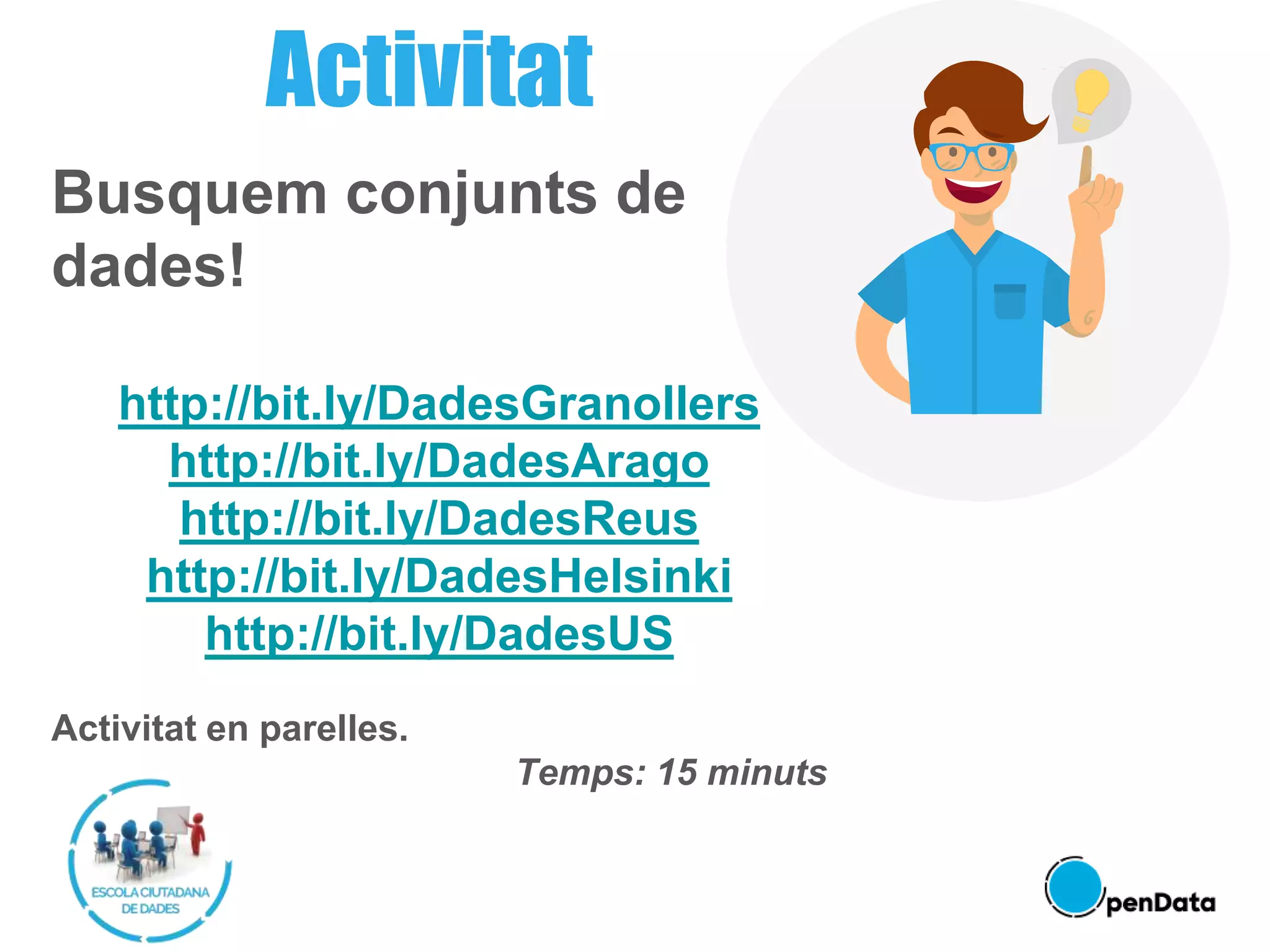 Busquem conjunts de
dades!
http://bit.ly/DadesGranollers
http://bit.ly/DadesArago
http://bit.ly/DadesReus
http://bit.ly/DadesHelsinki
http://bit.ly/DadesUS
Activitat en parelles.
Temps: 15 minuts
Activitat
 