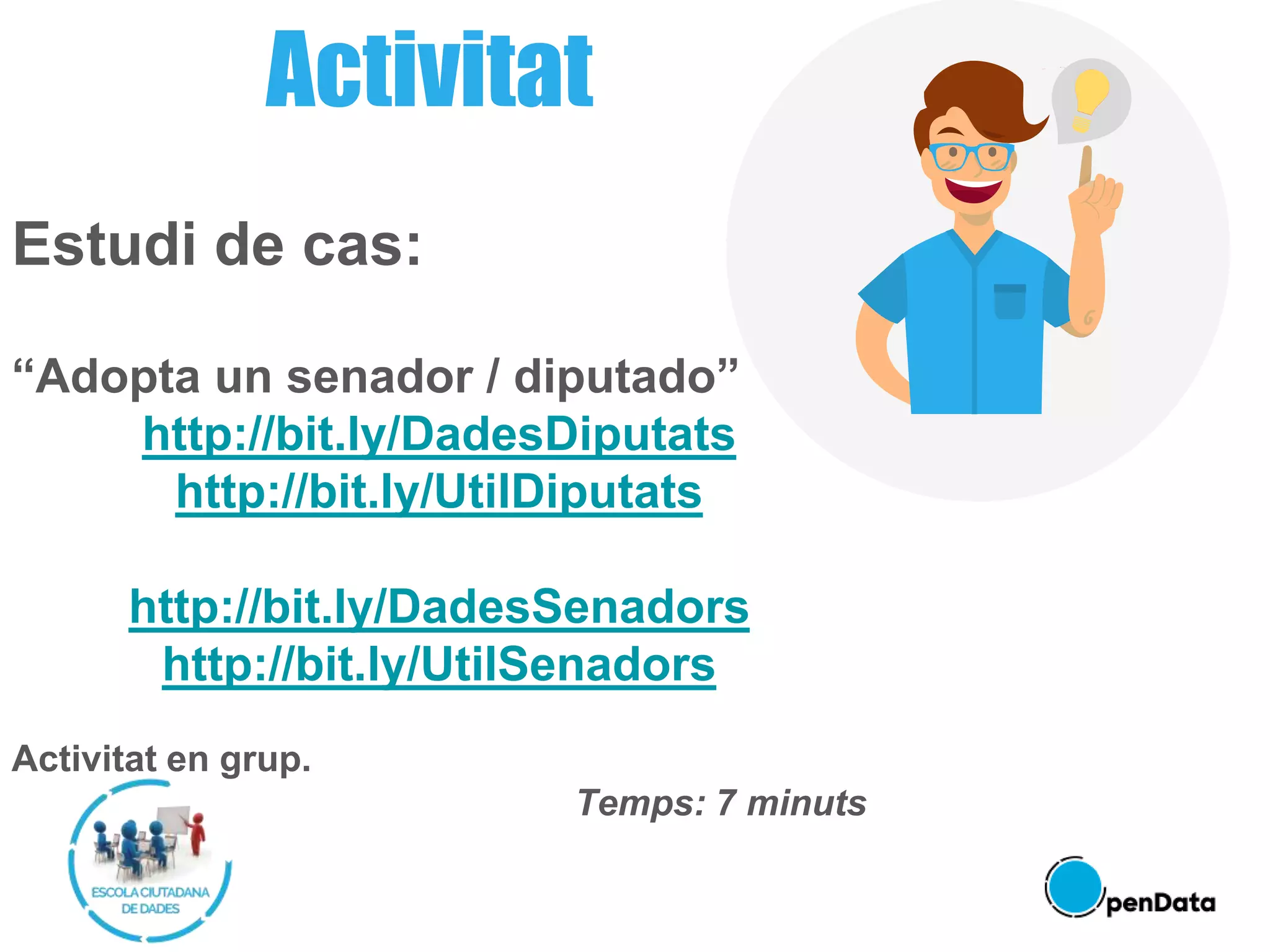 Estudi de cas:
“Adopta un senador / diputado”
http://bit.ly/DadesDiputats
http://bit.ly/UtilDiputats
http://bit.ly/DadesSenadors
http://bit.ly/UtilSenadors
Activitat en grup.
Temps: 7 minuts
Activitat
 