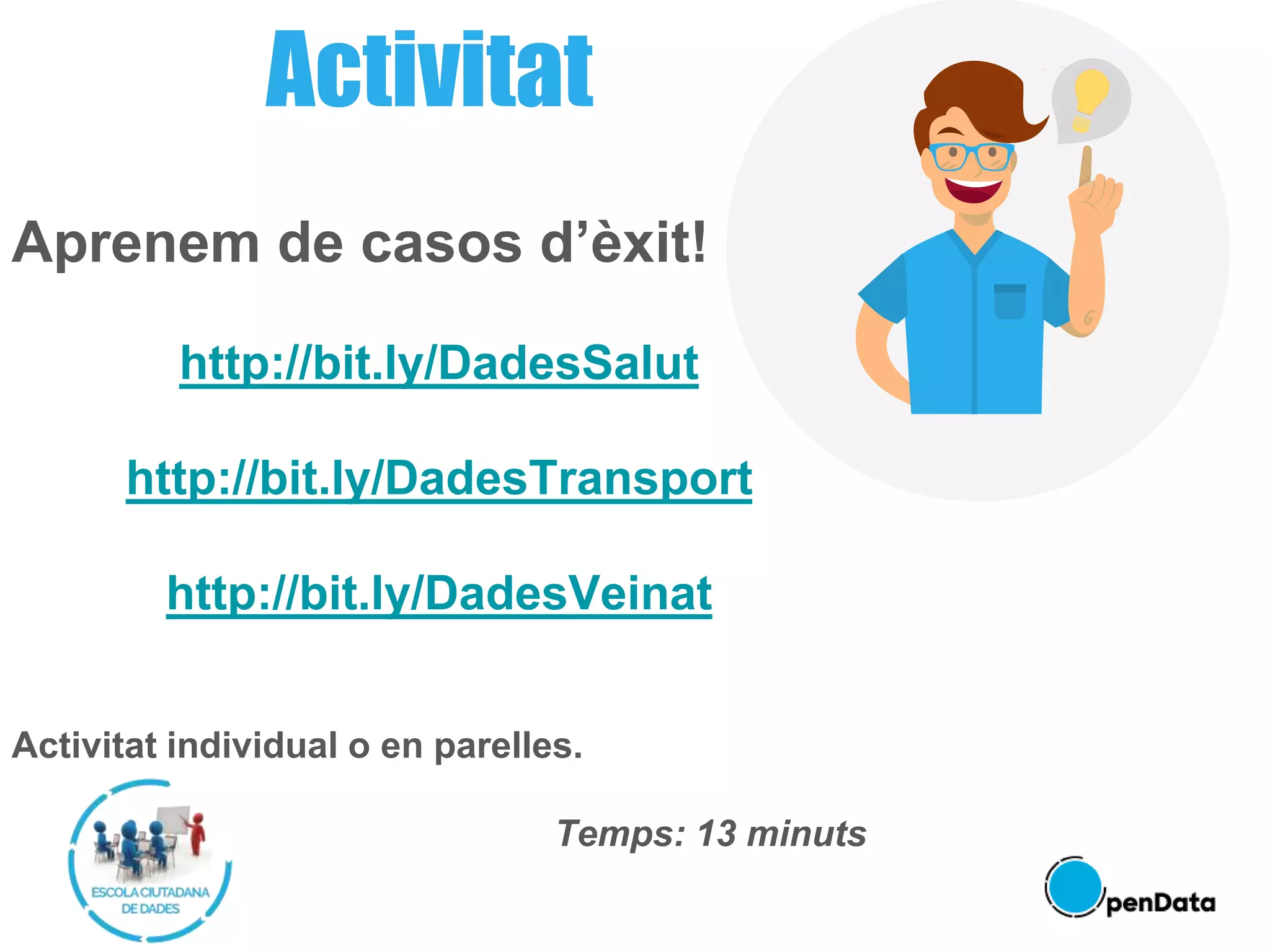 Aprenem de casos d’èxit!
http://bit.ly/DadesSalut
http://bit.ly/DadesTransport
http://bit.ly/DadesVeinat
Activitat individual o en parelles.
Temps: 13 minuts
Activitat
 