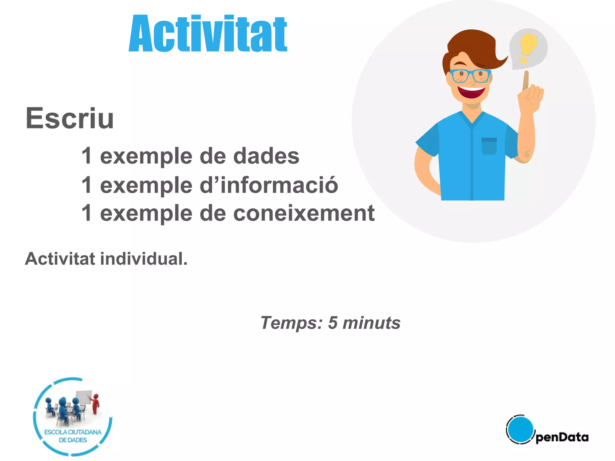 Escriu
1 exemple de dades
1 exemple d’informació
1 exemple de coneixement
Activitat individual.
Temps: 5 minuts
Activitat
 