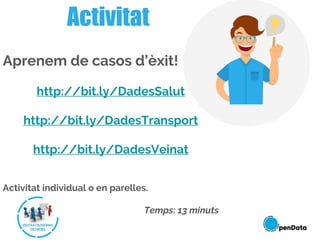 Aprenem de casos d’èxit!
http://bit.ly/DadesSalut
http://bit.ly/DadesTransport
http://bit.ly/DadesVeinat
Activitat individual o en parelles.
Temps: 13 minuts
Activitat
 