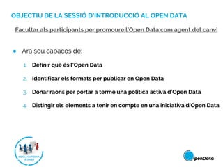 OBJECTIU DE LA SESSIÓ D’INTRODUCCIÓ AL OPEN DATA
● Ara sou capaços de:
1. Definir què és l’Open Data
2. Identificar els formats per publicar en Open Data
3. Donar raons per portar a terme una política activa d’Open Data
4. Distingir els elements a tenir en compte en una iniciativa d’Open Data
Facultar als participants per promoure l’Open Data com agent del canvi
 
