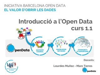 INICIATIVA BARCELONA OPEN DATA
EL VALOR D’OBRIR LES DADES
Introducció a l’Open Data
curs 1.1
Docents:
Lourdes Muñoz - Marc Torres
 
