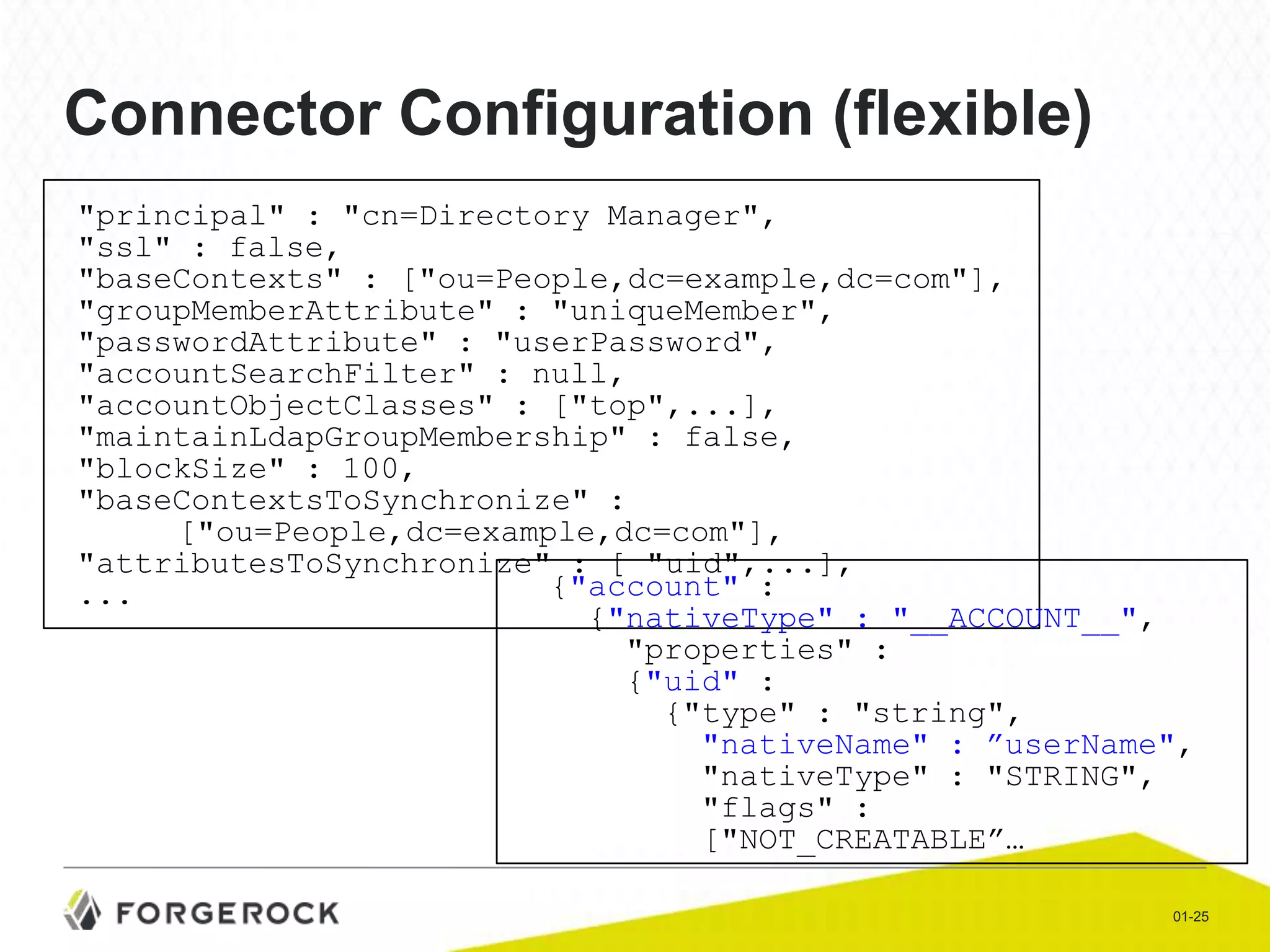 Connector Configuration (flexible)
"principal" : "cn=Directory Manager",
"ssl" : false,
"baseContexts" : ["ou=People,dc=example,dc=com"],
"groupMemberAttribute" : "uniqueMember",
"passwordAttribute" : "userPassword",
"accountSearchFilter" : null,
"accountObjectClasses" : ["top",...],
"maintainLdapGroupMembership" : false,
"blockSize" : 100,
"baseContextsToSynchronize" :
["ou=People,dc=example,dc=com"],
"attributesToSynchronize" : [ "uid",...],
{"account" :
...
{"nativeType" : "__ACCOUNT__",
"properties" :
{"uid" :
{"type" : "string",
"nativeName" : ”userName",
"nativeType" : "STRING",
"flags" :
["NOT_CREATABLE”…
01-25

 