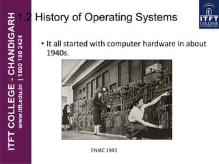 1.2 History of Operating Systems
• It all started with computer hardware in about
1940s.
ENIAC 1943
 