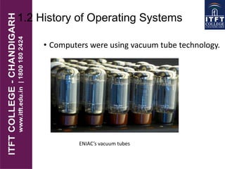 1.2 History of Operating Systems
• Computers were using vacuum tube technology.
ENIAC’s vacuum tubes
 