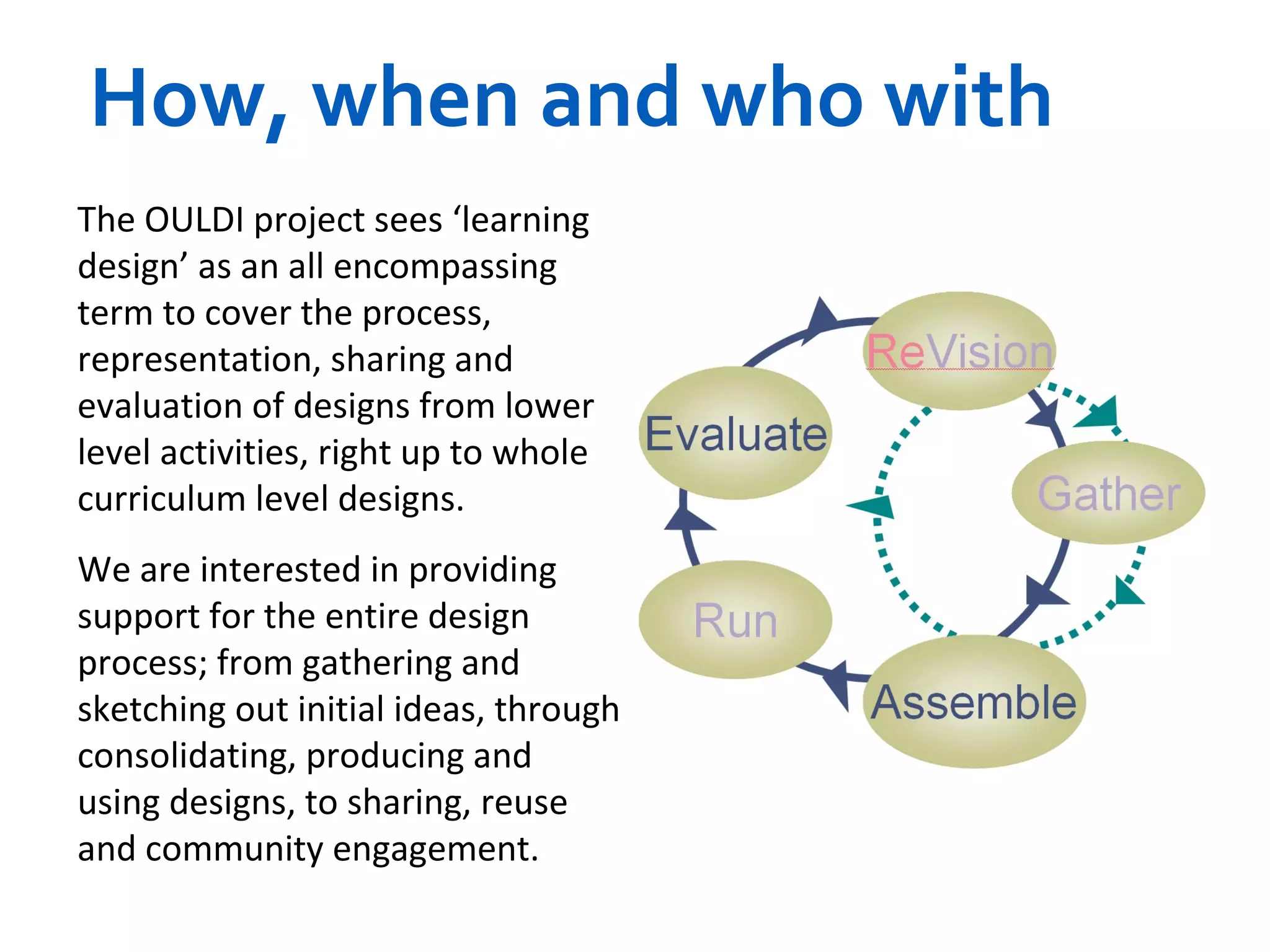 How, when and who with The OULDI project sees ‘learning design’ as an all encompassing term to cover the process, representation, sharing and evaluation of designs from lower level activities, right up to whole curriculum level designs. We are interested in providing support for the entire design process; from gathering and sketching out initial ideas, through consolidating, producing and using designs, to sharing, reuse and community engagement. 