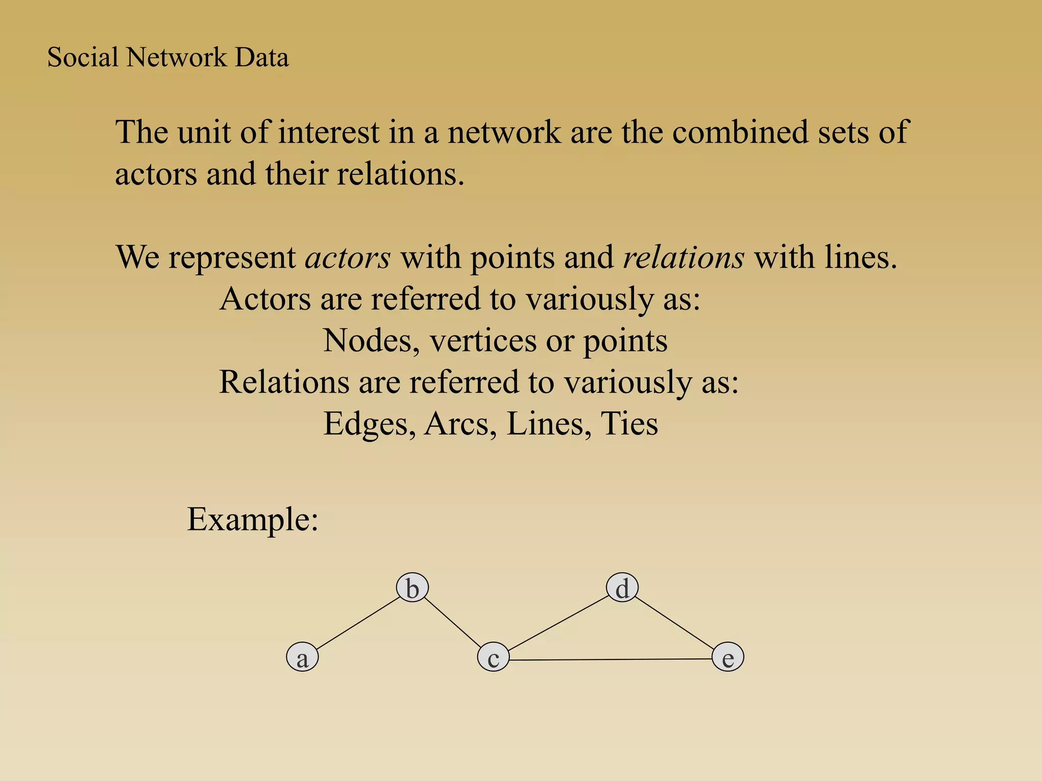 The unit of interest in a network are the combined sets of
actors and their relations.
We represent actors with points and relations with lines.
Actors are referred to variously as:
Nodes, vertices or points
Relations are referred to variously as:
Edges, Arcs, Lines, Ties
Example:
a
b
c e
d
Social Network Data
 