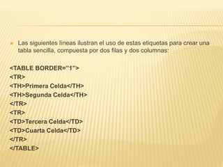  Las siguientes líneas ilustran el uso de estas etiquetas para crear una
tabla sencilla, compuesta por dos filas y dos columnas:
<TABLE BORDER=”1”>
<TR>
<TH>Primera Celda</TH>
<TH>Segunda Celda</TH>
</TR>
<TR>
<TD>Tercera Celda</TD>
<TD>Cuarta Celda</TD>
</TR>
</TABLE>
 