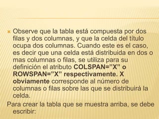  Observe que la tabla está compuesta por dos
filas y dos columnas, y que la celda del título
ocupa dos columnas. Cuando este es el caso,
es decir que una celda está distribuida en dos o
mas columnas o filas, se utiliza para su
definición el atributo COLSPAN=”X” o
ROWSPAN=”X” respectivamente. X
obviamente corresponde al número de
columnas o filas sobre las que se distribuirá la
celda.
Para crear la tabla que se muestra arriba, se debe
escribir:
 