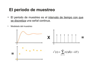 El periodo de muestreo
• El periodo de muestreo es el intervalo de tiempo con que
  se discretiza una señal continua.
•   Modelado del muestreo




                              X                                   =

                                               ∞


     =
                                  r (t ) =
                                   *
                                             ∑ r(t )δ (t − kT )
                                             k = −∞
 
