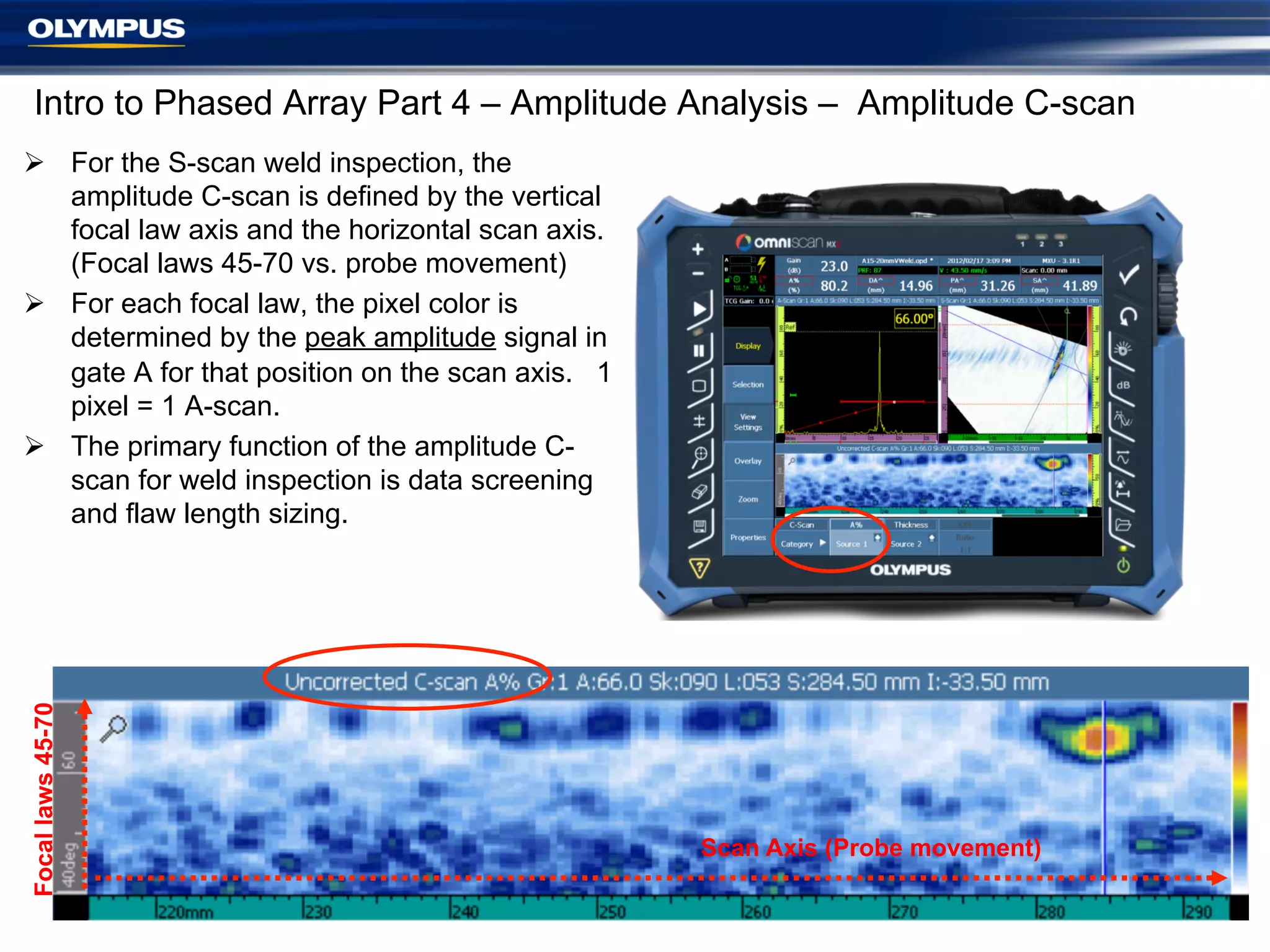 Intro to Phased Array Part 4 – Amplitude Analysis – Amplitude C-scan

Focal laws 45-70

Ø  For the S-scan weld inspection, the
amplitude C-scan is defined by the vertical
focal law axis and the horizontal scan axis.
(Focal laws 45-70 vs. probe movement)
Ø  For each focal law, the pixel color is
determined by the peak amplitude signal in
gate A for that position on the scan axis. 1
pixel = 1 A-scan.
Ø  The primary function of the amplitude Cscan for weld inspection is data screening
and flaw length sizing.

Scan Axis (Probe movement)

 