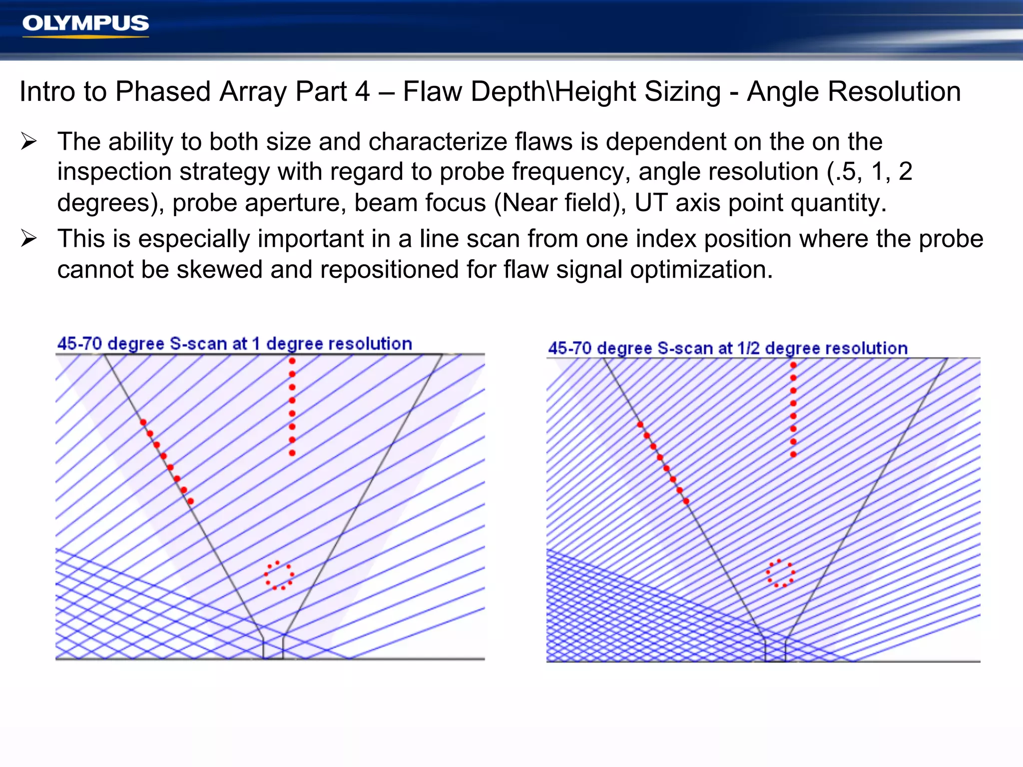 Intro to Phased Array Part 4 – Flaw DepthHeight Sizing - Angle Resolution
Ø  The ability to both size and characterize flaws is dependent on the on the
inspection strategy with regard to probe frequency, angle resolution (.5, 1, 2
degrees), probe aperture, beam focus (Near field), UT axis point quantity.
Ø  This is especially important in a line scan from one index position where the probe
cannot be skewed and repositioned for flaw signal optimization.

 