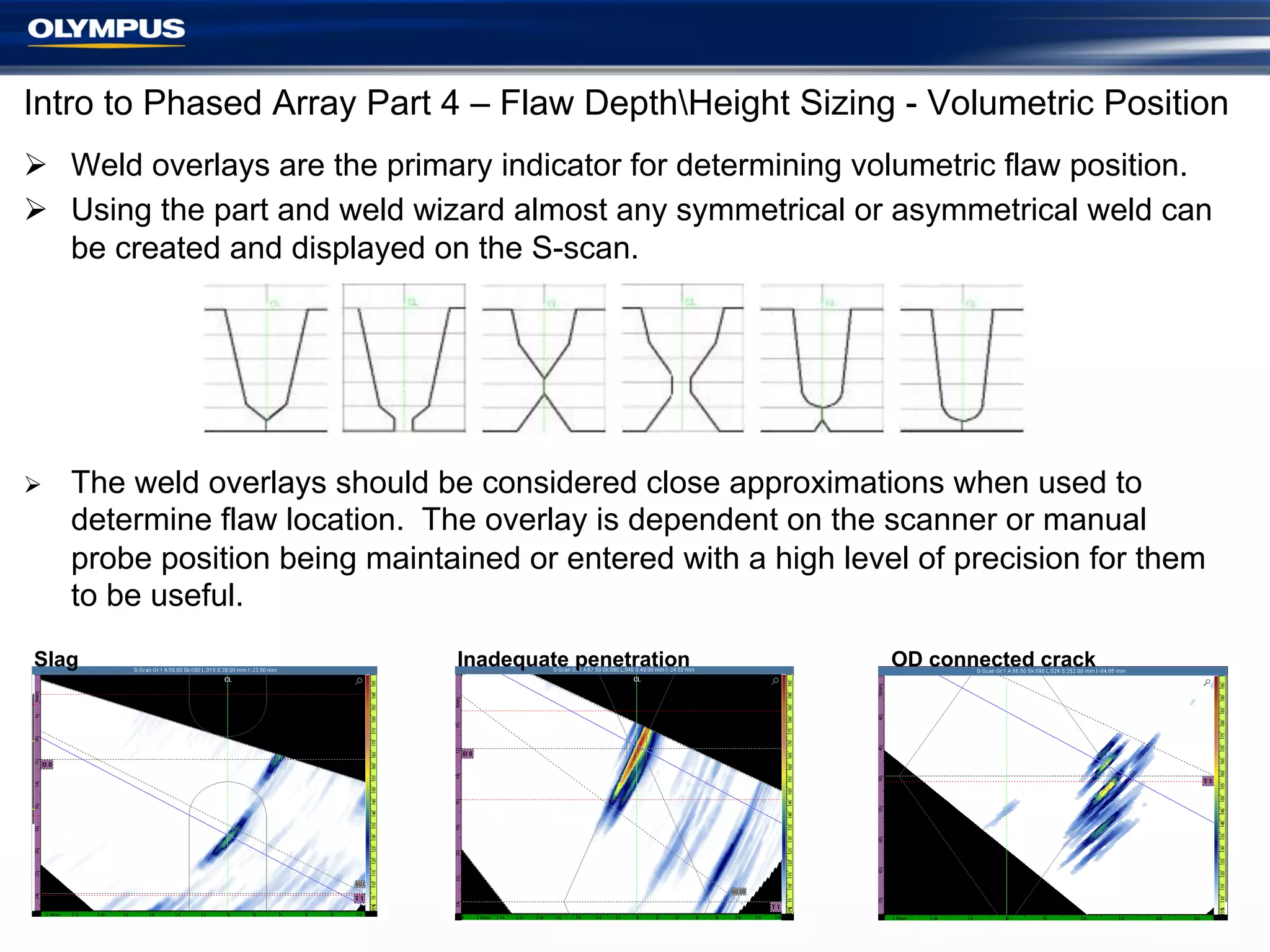 Intro to Phased Array Part 4 – Flaw DepthHeight Sizing - Volumetric Position
Ø  Weld overlays are the primary indicator for determining volumetric flaw position.
Ø  Using the part and weld wizard almost any symmetrical or asymmetrical weld can
be created and displayed on the S-scan.

Ø 

The weld overlays should be considered close approximations when used to
determine flaw location. The overlay is dependent on the scanner or manual
probe position being maintained or entered with a high level of precision for them
to be useful.

Slag

Inadequate penetration

OD connected crack

 