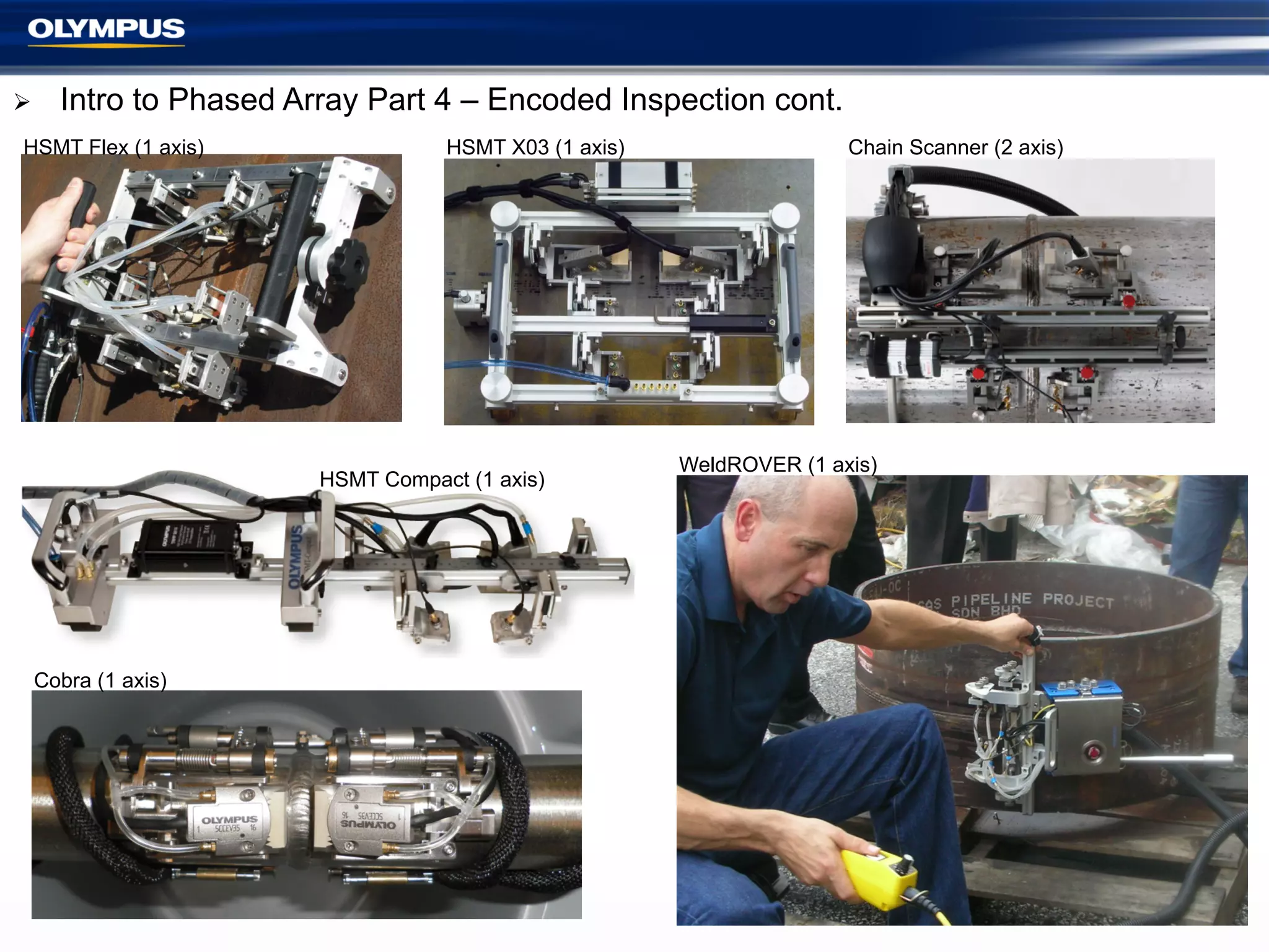 Ø 

Intro to Phased Array Part 4 – Encoded Inspection cont.

HSMT Flex (1 axis)

HSMT X03 (1 axis)

HSMT Compact (1 axis)

Cobra (1 axis)

Chain Scanner (2 axis)

WeldROVER (1 axis)

 