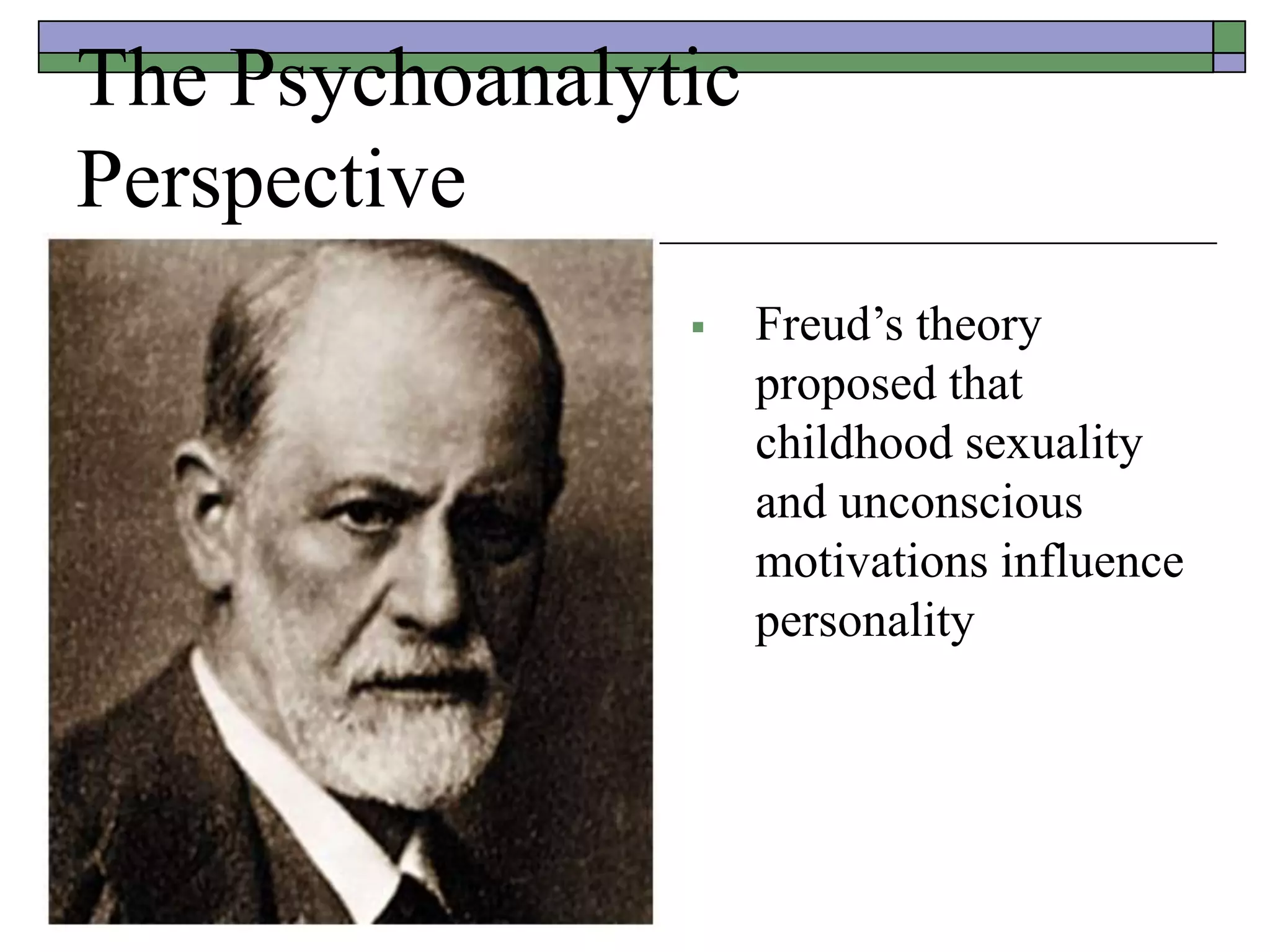 The Psychoanalytic
Perspective
 Freud’s theory
proposed that
childhood sexuality
and unconscious
motivations influence
personality
 
