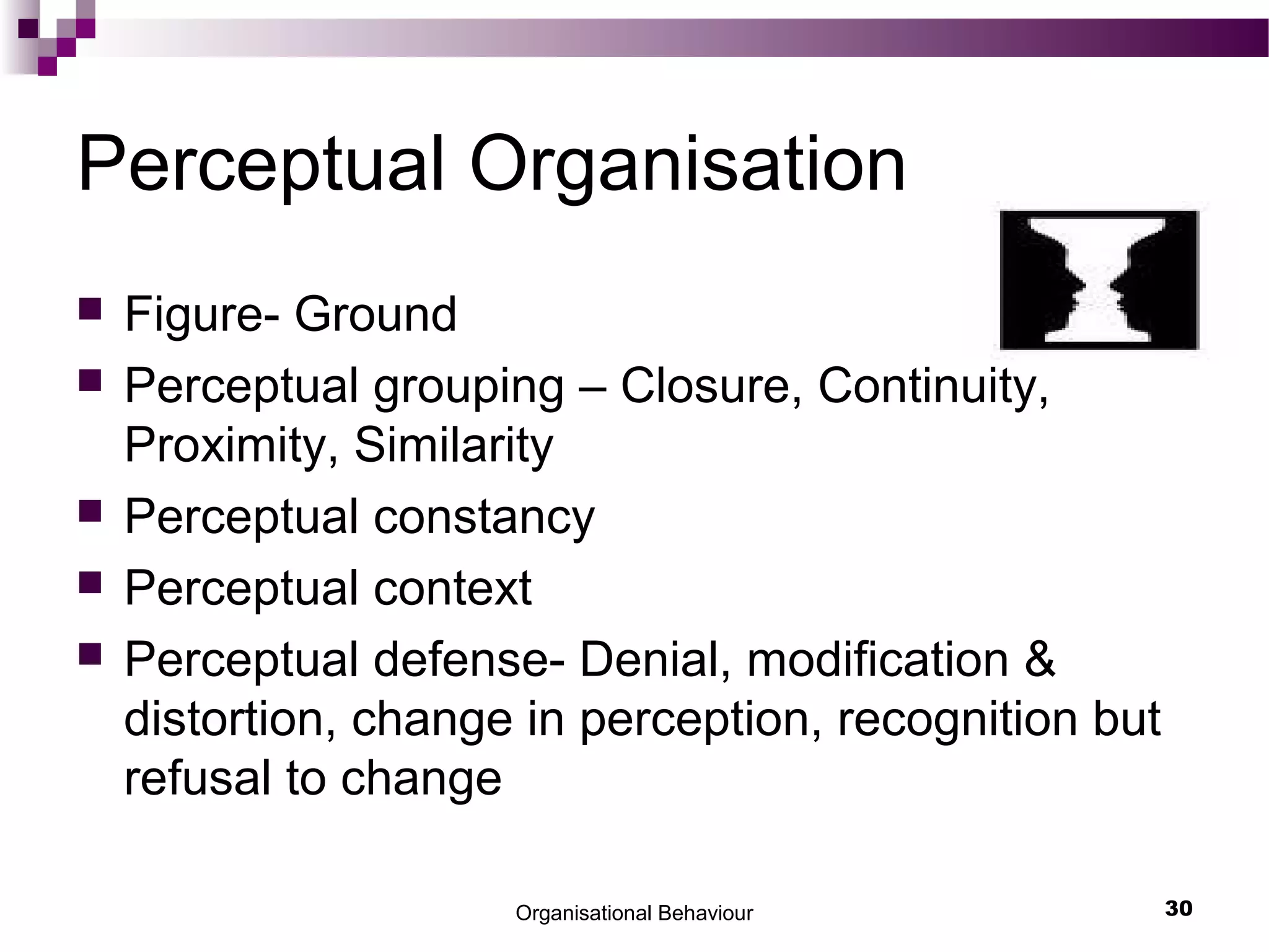 Organisational Behaviour 30
Perceptual Organisation
 Figure- Ground
 Perceptual grouping – Closure, Continuity,
Proximity, Similarity
 Perceptual constancy
 Perceptual context
 Perceptual defense- Denial, modification &
distortion, change in perception, recognition but
refusal to change
 