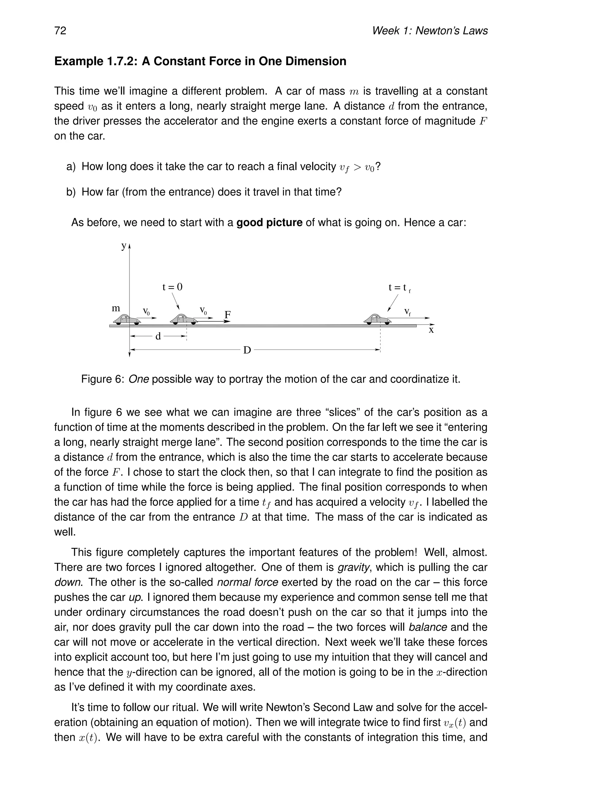 72 Week 1: Newton’s Laws
Example 1.7.2: A Constant Force in One Dimension
This time we’ll imagine a different problem. A car of mass m is travelling at a constant
speed v0 as it enters a long, nearly straight merge lane. A distance d from the entrance,
the driver presses the accelerator and the engine exerts a constant force of magnitude F
on the car.
a) How long does it take the car to reach a final velocity vf  v0?
b) How far (from the entrance) does it travel in that time?
As before, we need to start with a good picture of what is going on. Hence a car:
m
F
d
D
f
v
0
v 0
v
t = 0 t = t f
x
y
Figure 6: One possible way to portray the motion of the car and coordinatize it.
In figure 6 we see what we can imagine are three “slices” of the car’s position as a
function of time at the moments described in the problem. On the far left we see it “entering
a long, nearly straight merge lane”. The second position corresponds to the time the car is
a distance d from the entrance, which is also the time the car starts to accelerate because
of the force F. I chose to start the clock then, so that I can integrate to find the position as
a function of time while the force is being applied. The final position corresponds to when
the car has had the force applied for a time tf and has acquired a velocity vf . I labelled the
distance of the car from the entrance D at that time. The mass of the car is indicated as
well.
This figure completely captures the important features of the problem! Well, almost.
There are two forces I ignored altogether. One of them is gravity, which is pulling the car
down. The other is the so-called normal force exerted by the road on the car – this force
pushes the car up. I ignored them because my experience and common sense tell me that
under ordinary circumstances the road doesn’t push on the car so that it jumps into the
air, nor does gravity pull the car down into the road – the two forces will balance and the
car will not move or accelerate in the vertical direction. Next week we’ll take these forces
into explicit account too, but here I’m just going to use my intuition that they will cancel and
hence that the y-direction can be ignored, all of the motion is going to be in the x-direction
as I’ve defined it with my coordinate axes.
It’s time to follow our ritual. We will write Newton’s Second Law and solve for the accel-
eration (obtaining an equation of motion). Then we will integrate twice to find first vx(t) and
then x(t). We will have to be extra careful with the constants of integration this time, and
 