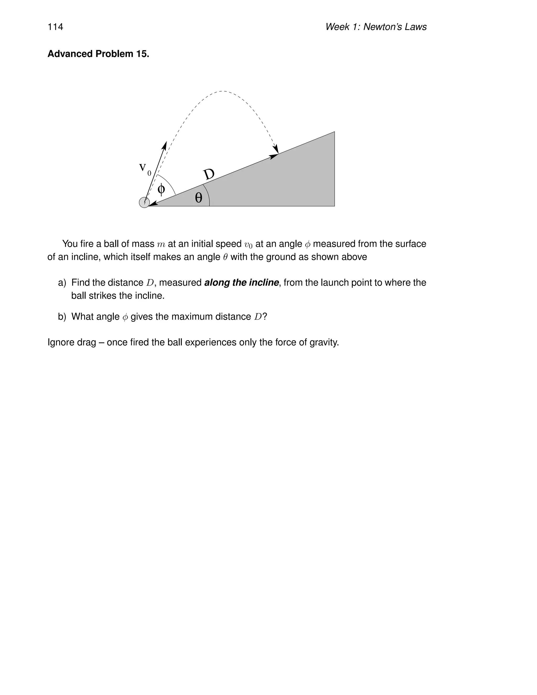 114 Week 1: Newton’s Laws
Advanced Problem 15.
v0
D
θ
φ
You fire a ball of mass m at an initial speed v0 at an angle φ measured from the surface
of an incline, which itself makes an angle θ with the ground as shown above
a) Find the distance D, measured along the incline, from the launch point to where the
ball strikes the incline.
b) What angle φ gives the maximum distance D?
Ignore drag – once fired the ball experiences only the force of gravity.
 