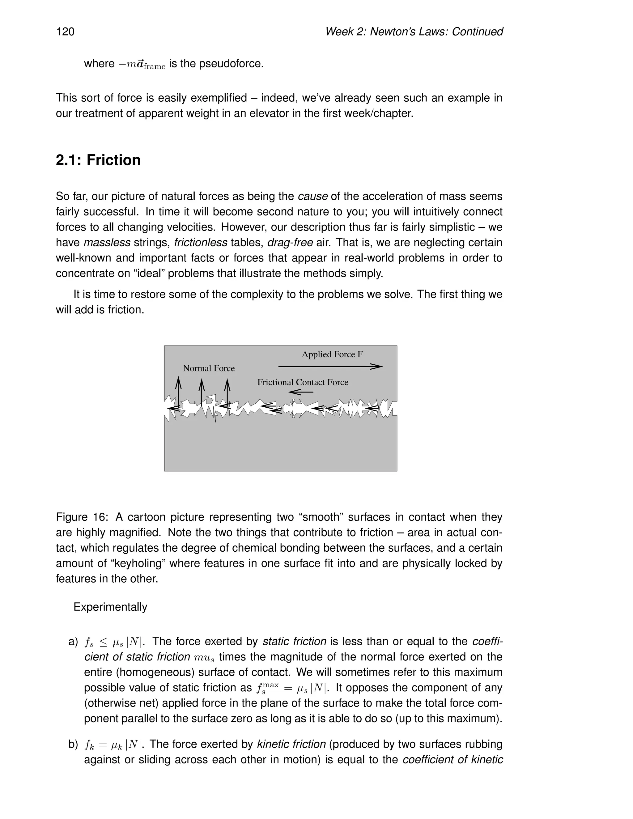 120 Week 2: Newton’s Laws: Continued
where −m~
aframe is the pseudoforce.
This sort of force is easily exemplified – indeed, we’ve already seen such an example in
our treatment of apparent weight in an elevator in the first week/chapter.
2.1: Friction
So far, our picture of natural forces as being the cause of the acceleration of mass seems
fairly successful. In time it will become second nature to you; you will intuitively connect
forces to all changing velocities. However, our description thus far is fairly simplistic – we
have massless strings, frictionless tables, drag-free air. That is, we are neglecting certain
well-known and important facts or forces that appear in real-world problems in order to
concentrate on “ideal” problems that illustrate the methods simply.
It is time to restore some of the complexity to the problems we solve. The first thing we
will add is friction.
Applied Force F
Frictional Contact Force
Normal Force
Figure 16: A cartoon picture representing two “smooth” surfaces in contact when they
are highly magnified. Note the two things that contribute to friction – area in actual con-
tact, which regulates the degree of chemical bonding between the surfaces, and a certain
amount of “keyholing” where features in one surface fit into and are physically locked by
features in the other.
Experimentally
a) fs ≤ µs |N|. The force exerted by static friction is less than or equal to the coeffi-
cient of static friction mus times the magnitude of the normal force exerted on the
entire (homogeneous) surface of contact. We will sometimes refer to this maximum
possible value of static friction as fmax
s = µs |N|. It opposes the component of any
(otherwise net) applied force in the plane of the surface to make the total force com-
ponent parallel to the surface zero as long as it is able to do so (up to this maximum).
b) fk = µk |N|. The force exerted by kinetic friction (produced by two surfaces rubbing
against or sliding across each other in motion) is equal to the coefficient of kinetic
 
