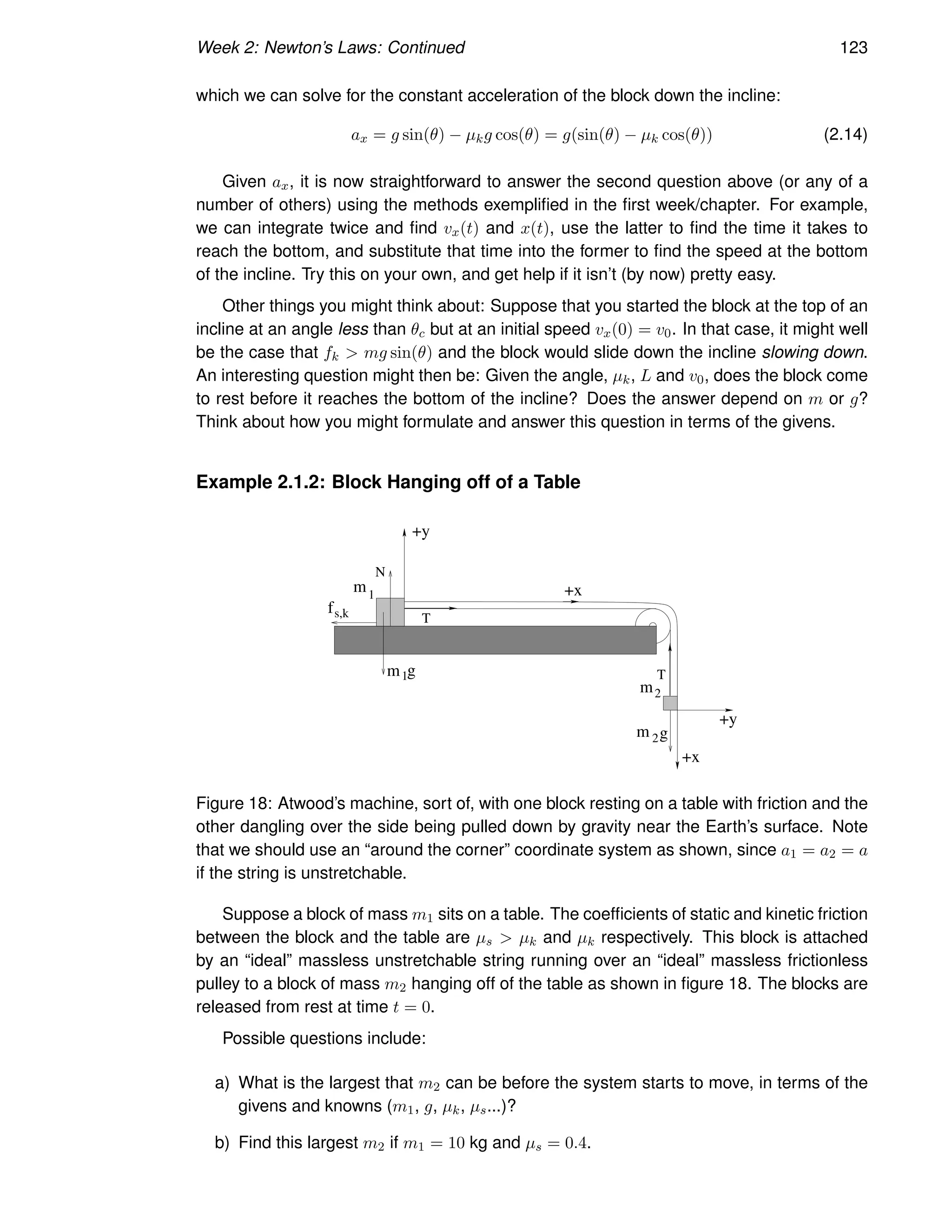 Week 2: Newton’s Laws: Continued 123
which we can solve for the constant acceleration of the block down the incline:
ax = g sin(θ) − µkg cos(θ) = g(sin(θ) − µk cos(θ)) (2.14)
Given ax, it is now straightforward to answer the second question above (or any of a
number of others) using the methods exemplified in the first week/chapter. For example,
we can integrate twice and find vx(t) and x(t), use the latter to find the time it takes to
reach the bottom, and substitute that time into the former to find the speed at the bottom
of the incline. Try this on your own, and get help if it isn’t (by now) pretty easy.
Other things you might think about: Suppose that you started the block at the top of an
incline at an angle less than θc but at an initial speed vx(0) = v0. In that case, it might well
be the case that fk  mg sin(θ) and the block would slide down the incline slowing down.
An interesting question might then be: Given the angle, µk, L and v0, does the block come
to rest before it reaches the bottom of the incline? Does the answer depend on m or g?
Think about how you might formulate and answer this question in terms of the givens.
Example 2.1.2: Block Hanging off of a Table
s,k
f
m1
m1g
2
m
2
m g
+x
+x
+y
+y
N
T
T
Figure 18: Atwood’s machine, sort of, with one block resting on a table with friction and the
other dangling over the side being pulled down by gravity near the Earth’s surface. Note
that we should use an “around the corner” coordinate system as shown, since a1 = a2 = a
if the string is unstretchable.
Suppose a block of mass m1 sits on a table. The coefficients of static and kinetic friction
between the block and the table are µs  µk and µk respectively. This block is attached
by an “ideal” massless unstretchable string running over an “ideal” massless frictionless
pulley to a block of mass m2 hanging off of the table as shown in figure 18. The blocks are
released from rest at time t = 0.
Possible questions include:
a) What is the largest that m2 can be before the system starts to move, in terms of the
givens and knowns (m1, g, µk, µs...)?
b) Find this largest m2 if m1 = 10 kg and µs = 0.4.
 