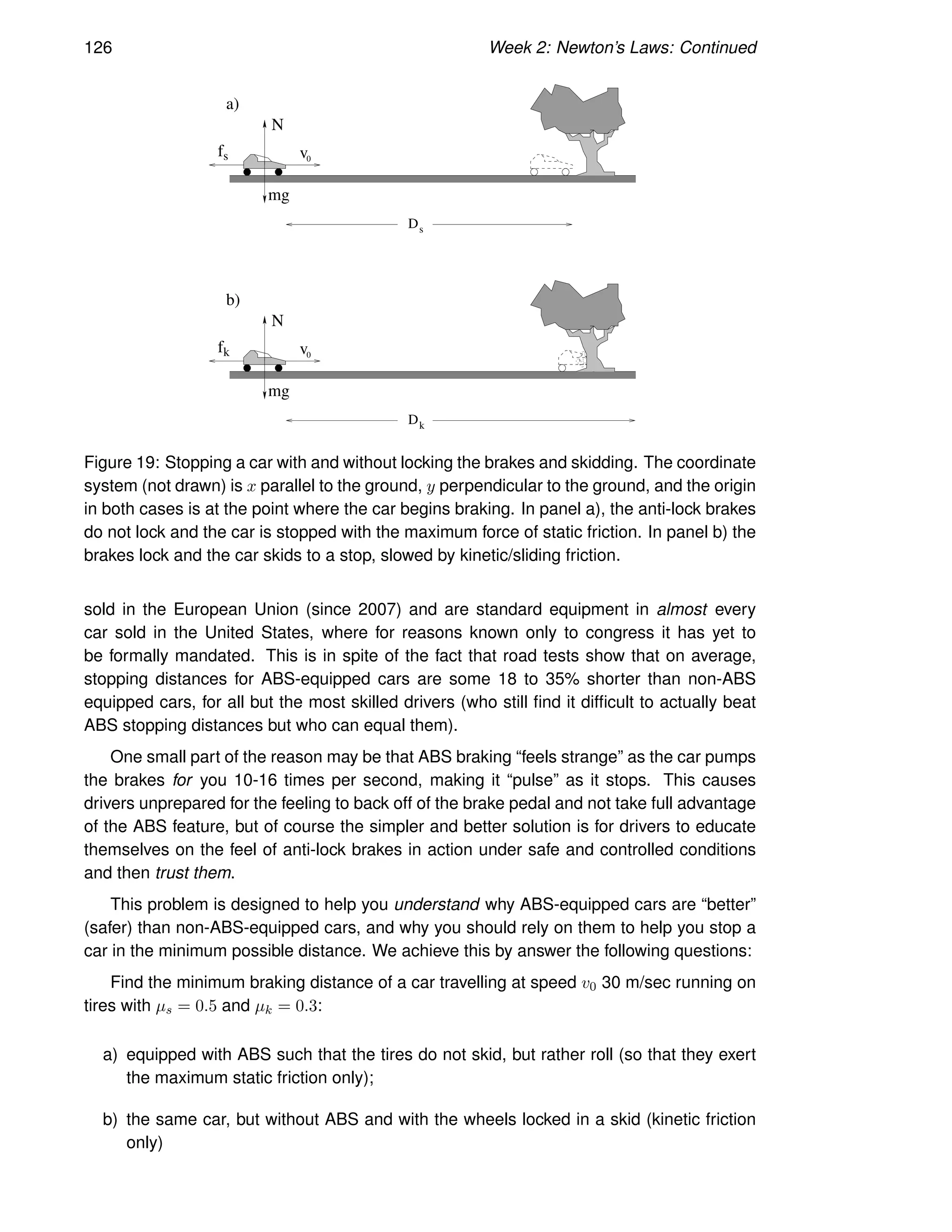 126 Week 2: Newton’s Laws: Continued
s
f 0
v
mg
N
f 0
v
mg
N
k
s
k
a)
b)
D
D
Figure 19: Stopping a car with and without locking the brakes and skidding. The coordinate
system (not drawn) is x parallel to the ground, y perpendicular to the ground, and the origin
in both cases is at the point where the car begins braking. In panel a), the anti-lock brakes
do not lock and the car is stopped with the maximum force of static friction. In panel b) the
brakes lock and the car skids to a stop, slowed by kinetic/sliding friction.
sold in the European Union (since 2007) and are standard equipment in almost every
car sold in the United States, where for reasons known only to congress it has yet to
be formally mandated. This is in spite of the fact that road tests show that on average,
stopping distances for ABS-equipped cars are some 18 to 35% shorter than non-ABS
equipped cars, for all but the most skilled drivers (who still find it difficult to actually beat
ABS stopping distances but who can equal them).
One small part of the reason may be that ABS braking “feels strange” as the car pumps
the brakes for you 10-16 times per second, making it “pulse” as it stops. This causes
drivers unprepared for the feeling to back off of the brake pedal and not take full advantage
of the ABS feature, but of course the simpler and better solution is for drivers to educate
themselves on the feel of anti-lock brakes in action under safe and controlled conditions
and then trust them.
This problem is designed to help you understand why ABS-equipped cars are “better”
(safer) than non-ABS-equipped cars, and why you should rely on them to help you stop a
car in the minimum possible distance. We achieve this by answer the following questions:
Find the minimum braking distance of a car travelling at speed v0 30 m/sec running on
tires with µs = 0.5 and µk = 0.3:
a) equipped with ABS such that the tires do not skid, but rather roll (so that they exert
the maximum static friction only);
b) the same car, but without ABS and with the wheels locked in a skid (kinetic friction
only)
 