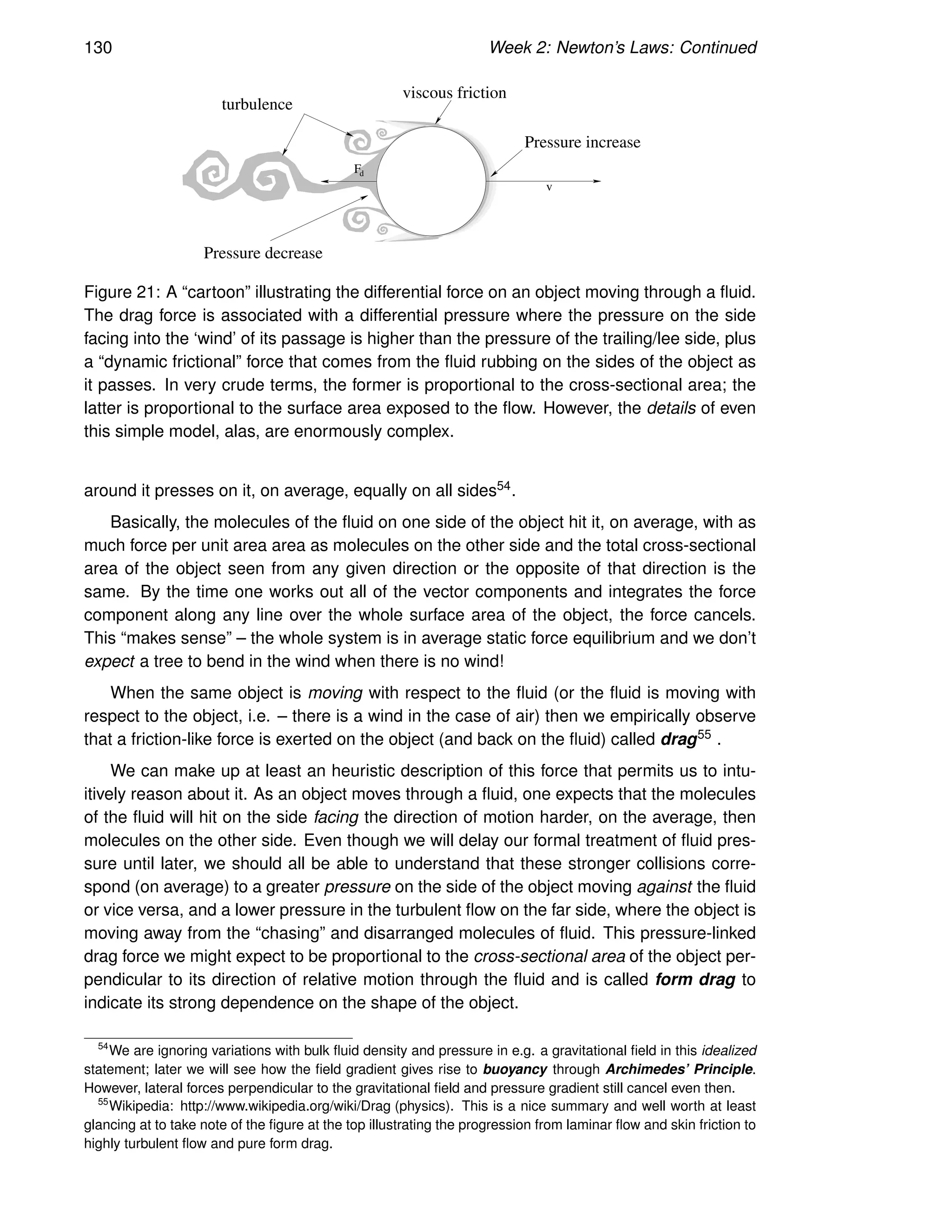 130 Week 2: Newton’s Laws: Continued
Pressure increase
viscous friction
turbulence
Pressure decrease
d
F
v
Figure 21: A “cartoon” illustrating the differential force on an object moving through a fluid.
The drag force is associated with a differential pressure where the pressure on the side
facing into the ‘wind’ of its passage is higher than the pressure of the trailing/lee side, plus
a “dynamic frictional” force that comes from the fluid rubbing on the sides of the object as
it passes. In very crude terms, the former is proportional to the cross-sectional area; the
latter is proportional to the surface area exposed to the flow. However, the details of even
this simple model, alas, are enormously complex.
around it presses on it, on average, equally on all sides54.
Basically, the molecules of the fluid on one side of the object hit it, on average, with as
much force per unit area area as molecules on the other side and the total cross-sectional
area of the object seen from any given direction or the opposite of that direction is the
same. By the time one works out all of the vector components and integrates the force
component along any line over the whole surface area of the object, the force cancels.
This “makes sense” – the whole system is in average static force equilibrium and we don’t
expect a tree to bend in the wind when there is no wind!
When the same object is moving with respect to the fluid (or the fluid is moving with
respect to the object, i.e. – there is a wind in the case of air) then we empirically observe
that a friction-like force is exerted on the object (and back on the fluid) called drag55 .
We can make up at least an heuristic description of this force that permits us to intu-
itively reason about it. As an object moves through a fluid, one expects that the molecules
of the fluid will hit on the side facing the direction of motion harder, on the average, then
molecules on the other side. Even though we will delay our formal treatment of fluid pres-
sure until later, we should all be able to understand that these stronger collisions corre-
spond (on average) to a greater pressure on the side of the object moving against the fluid
or vice versa, and a lower pressure in the turbulent flow on the far side, where the object is
moving away from the “chasing” and disarranged molecules of fluid. This pressure-linked
drag force we might expect to be proportional to the cross-sectional area of the object per-
pendicular to its direction of relative motion through the fluid and is called form drag to
indicate its strong dependence on the shape of the object.
54
We are ignoring variations with bulk fluid density and pressure in e.g. a gravitational field in this idealized
statement; later we will see how the field gradient gives rise to buoyancy through Archimedes’ Principle.
However, lateral forces perpendicular to the gravitational field and pressure gradient still cancel even then.
55
Wikipedia: http://www.wikipedia.org/wiki/Drag (physics). This is a nice summary and well worth at least
glancing at to take note of the figure at the top illustrating the progression from laminar flow and skin friction to
highly turbulent flow and pure form drag.
 