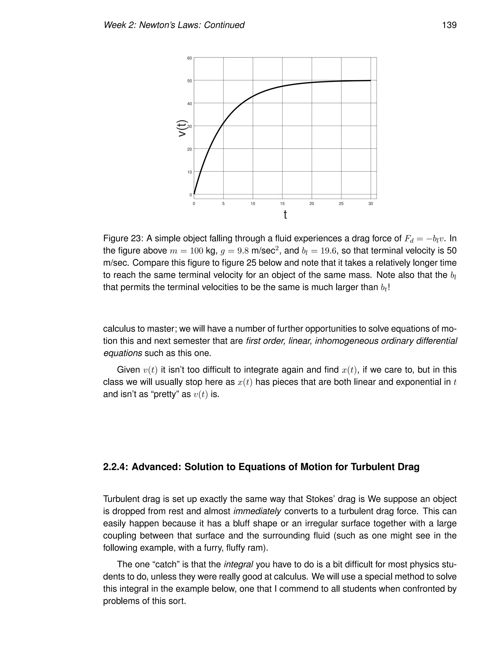 Week 2: Newton’s Laws: Continued 139
0 5 10 15 20 25 30
0
10
20
30
40
50
60
t
v(t)
Figure 23: A simple object falling through a fluid experiences a drag force of Fd = −blv. In
the figure above m = 100 kg, g = 9.8 m/sec2, and bl = 19.6, so that terminal velocity is 50
m/sec. Compare this figure to figure 25 below and note that it takes a relatively longer time
to reach the same terminal velocity for an object of the same mass. Note also that the bl
that permits the terminal velocities to be the same is much larger than bt!
calculus to master; we will have a number of further opportunities to solve equations of mo-
tion this and next semester that are first order, linear, inhomogeneous ordinary differential
equations such as this one.
Given v(t) it isn’t too difficult to integrate again and find x(t), if we care to, but in this
class we will usually stop here as x(t) has pieces that are both linear and exponential in t
and isn’t as “pretty” as v(t) is.
2.2.4: Advanced: Solution to Equations of Motion for Turbulent Drag
Turbulent drag is set up exactly the same way that Stokes’ drag is We suppose an object
is dropped from rest and almost immediately converts to a turbulent drag force. This can
easily happen because it has a bluff shape or an irregular surface together with a large
coupling between that surface and the surrounding fluid (such as one might see in the
following example, with a furry, fluffy ram).
The one “catch” is that the integral you have to do is a bit difficult for most physics stu-
dents to do, unless they were really good at calculus. We will use a special method to solve
this integral in the example below, one that I commend to all students when confronted by
problems of this sort.
 