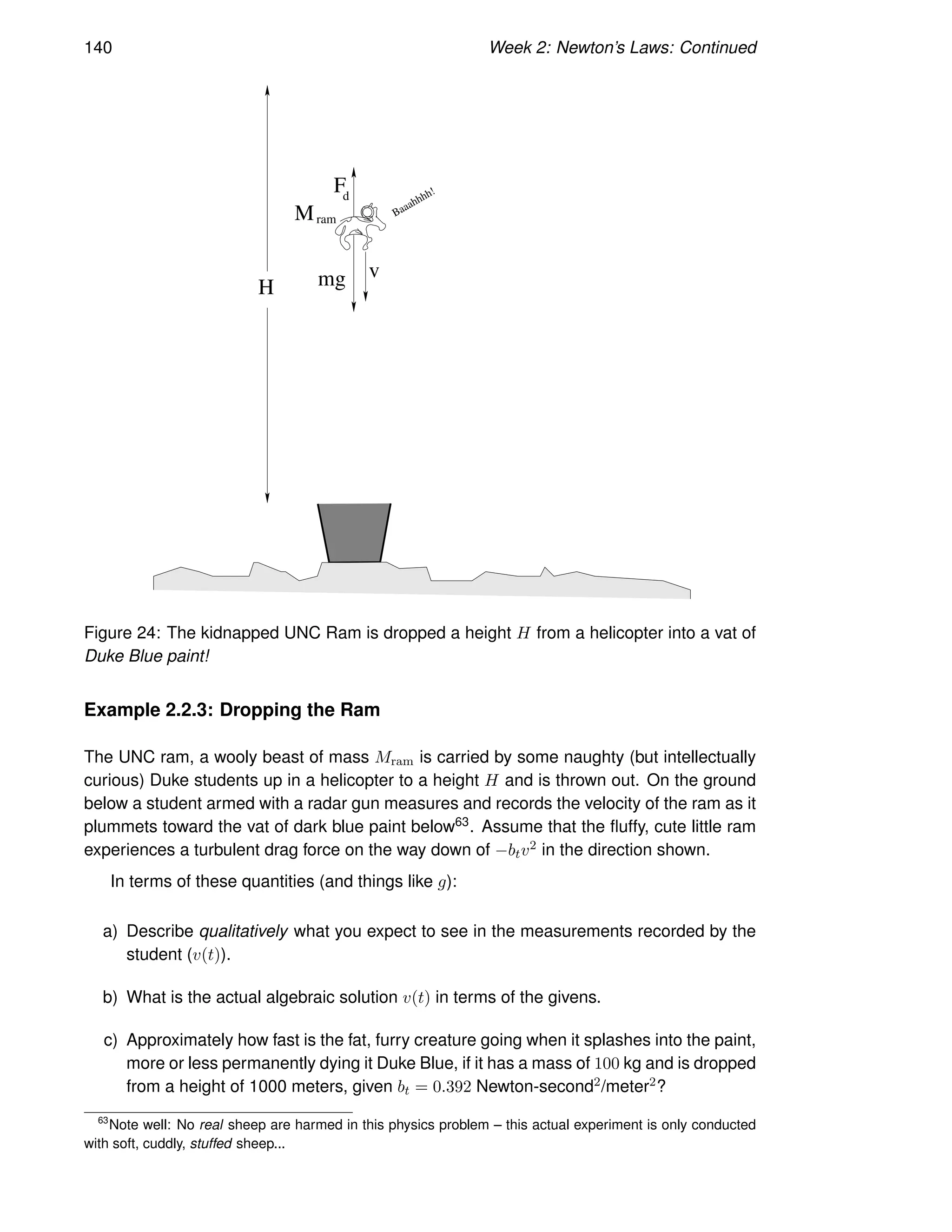 140 Week 2: Newton’s Laws: Continued
H mg v
F
M Baaahhhh!
d
ram
Figure 24: The kidnapped UNC Ram is dropped a height H from a helicopter into a vat of
Duke Blue paint!
Example 2.2.3: Dropping the Ram
The UNC ram, a wooly beast of mass Mram is carried by some naughty (but intellectually
curious) Duke students up in a helicopter to a height H and is thrown out. On the ground
below a student armed with a radar gun measures and records the velocity of the ram as it
plummets toward the vat of dark blue paint below63. Assume that the fluffy, cute little ram
experiences a turbulent drag force on the way down of −btv2 in the direction shown.
In terms of these quantities (and things like g):
a) Describe qualitatively what you expect to see in the measurements recorded by the
student (v(t)).
b) What is the actual algebraic solution v(t) in terms of the givens.
c) Approximately how fast is the fat, furry creature going when it splashes into the paint,
more or less permanently dying it Duke Blue, if it has a mass of 100 kg and is dropped
from a height of 1000 meters, given bt = 0.392 Newton-second2/meter2?
63
Note well: No real sheep are harmed in this physics problem – this actual experiment is only conducted
with soft, cuddly, stuffed sheep...
 