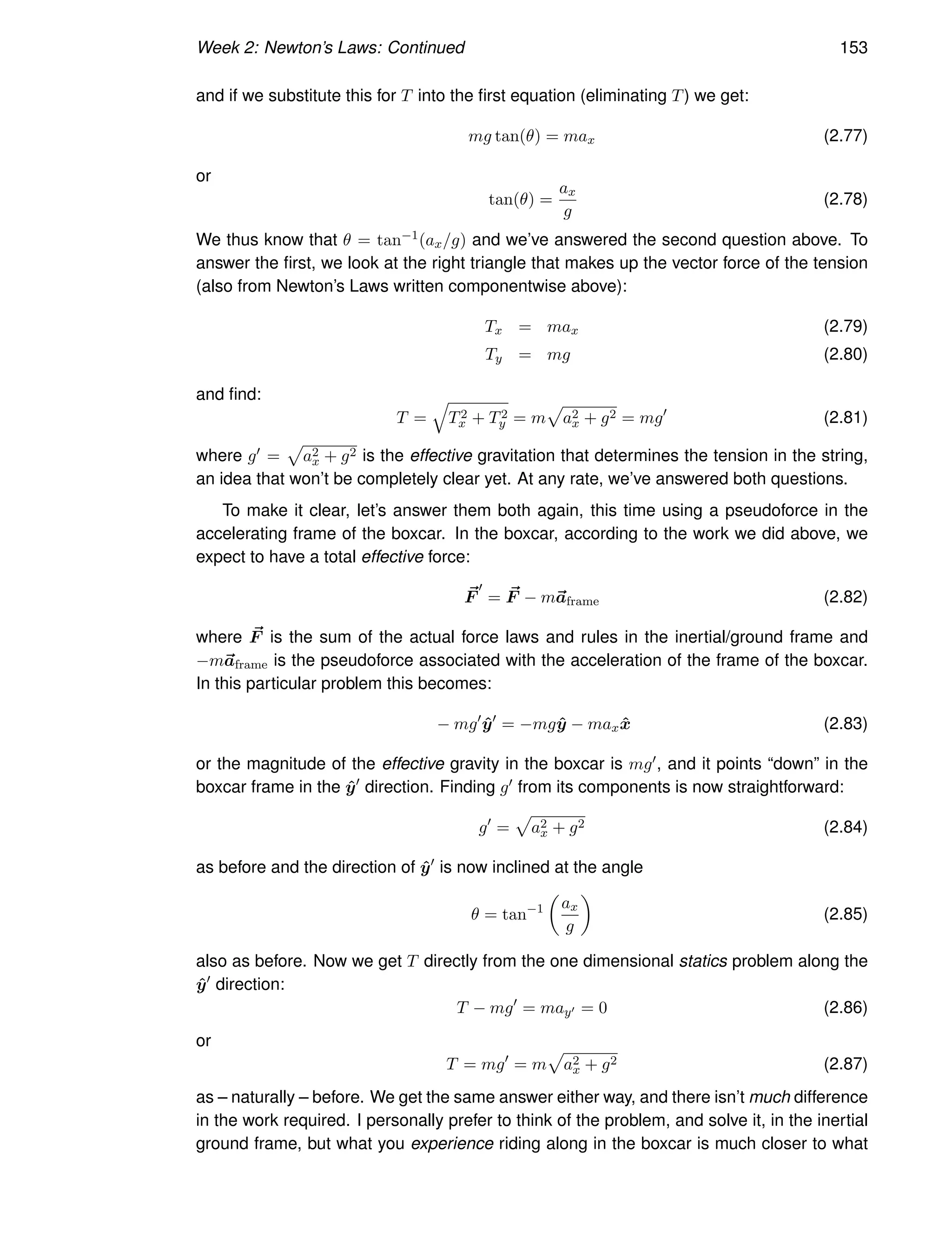 Week 2: Newton’s Laws: Continued 153
and if we substitute this for T into the first equation (eliminating T) we get:
mg tan(θ) = max (2.77)
or
tan(θ) =
ax
g
(2.78)
We thus know that θ = tan−1(ax/g) and we’ve answered the second question above. To
answer the first, we look at the right triangle that makes up the vector force of the tension
(also from Newton’s Laws written componentwise above):
Tx = max (2.79)
Ty = mg (2.80)
and find:
T =
q
T2
x + T2
y = m
p
a2
x + g2 = mg′
(2.81)
where g′ =
p
a2
x + g2 is the effective gravitation that determines the tension in the string,
an idea that won’t be completely clear yet. At any rate, we’ve answered both questions.
To make it clear, let’s answer them both again, this time using a pseudoforce in the
accelerating frame of the boxcar. In the boxcar, according to the work we did above, we
expect to have a total effective force:
~
F
′
= ~
F − m~
aframe (2.82)
where ~
F is the sum of the actual force laws and rules in the inertial/ground frame and
−m~
aframe is the pseudoforce associated with the acceleration of the frame of the boxcar.
In this particular problem this becomes:
− mg′
ŷ′
= −mgŷ − maxx̂ (2.83)
or the magnitude of the effective gravity in the boxcar is mg′, and it points “down” in the
boxcar frame in the ŷ′
direction. Finding g′ from its components is now straightforward:
g′
=
p
a2
x + g2 (2.84)
as before and the direction of ŷ′
is now inclined at the angle
θ = tan−1

ax
g

(2.85)
also as before. Now we get T directly from the one dimensional statics problem along the
ŷ′
direction:
T − mg′
= may′ = 0 (2.86)
or
T = mg′
= m
p
a2
x + g2 (2.87)
as – naturally – before. We get the same answer either way, and there isn’t much difference
in the work required. I personally prefer to think of the problem, and solve it, in the inertial
ground frame, but what you experience riding along in the boxcar is much closer to what
 