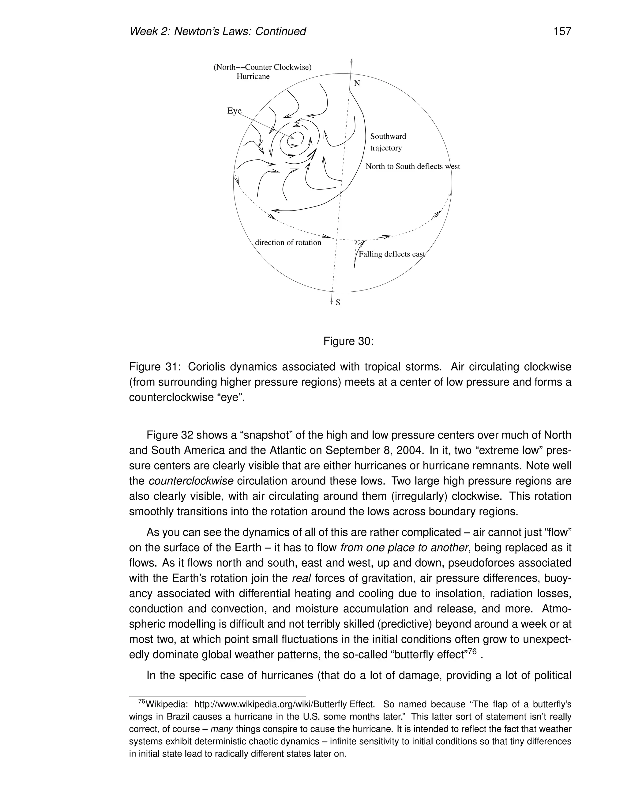 Week 2: Newton’s Laws: Continued 157
Southward
trajectory
Falling deflects east
North to South deflects west
direction of rotation
S
N
(North−−Counter Clockwise)
Hurricane
Eye
Figure 30:
Figure 31: Coriolis dynamics associated with tropical storms. Air circulating clockwise
(from surrounding higher pressure regions) meets at a center of low pressure and forms a
counterclockwise “eye”.
Figure 32 shows a “snapshot” of the high and low pressure centers over much of North
and South America and the Atlantic on September 8, 2004. In it, two “extreme low” pres-
sure centers are clearly visible that are either hurricanes or hurricane remnants. Note well
the counterclockwise circulation around these lows. Two large high pressure regions are
also clearly visible, with air circulating around them (irregularly) clockwise. This rotation
smoothly transitions into the rotation around the lows across boundary regions.
As you can see the dynamics of all of this are rather complicated – air cannot just “flow”
on the surface of the Earth – it has to flow from one place to another, being replaced as it
flows. As it flows north and south, east and west, up and down, pseudoforces associated
with the Earth’s rotation join the real forces of gravitation, air pressure differences, buoy-
ancy associated with differential heating and cooling due to insolation, radiation losses,
conduction and convection, and moisture accumulation and release, and more. Atmo-
spheric modelling is difficult and not terribly skilled (predictive) beyond around a week or at
most two, at which point small fluctuations in the initial conditions often grow to unexpect-
edly dominate global weather patterns, the so-called “butterfly effect”76 .
In the specific case of hurricanes (that do a lot of damage, providing a lot of political
76
Wikipedia: http://www.wikipedia.org/wiki/Butterfly Effect. So named because “The flap of a butterfly’s
wings in Brazil causes a hurricane in the U.S. some months later.” This latter sort of statement isn’t really
correct, of course – many things conspire to cause the hurricane. It is intended to reflect the fact that weather
systems exhibit deterministic chaotic dynamics – infinite sensitivity to initial conditions so that tiny differences
in initial state lead to radically different states later on.
 